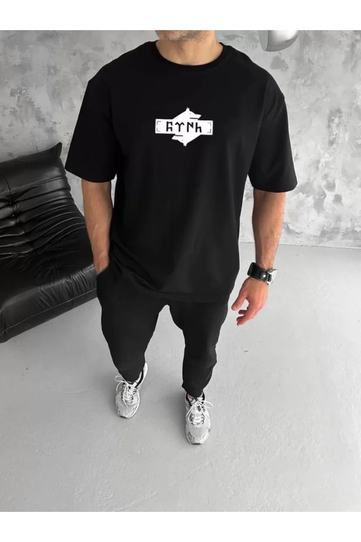 Albayrak Unisex Bisiklet Yaka Baskılı Double Oversize T-Shirt - Siyah
