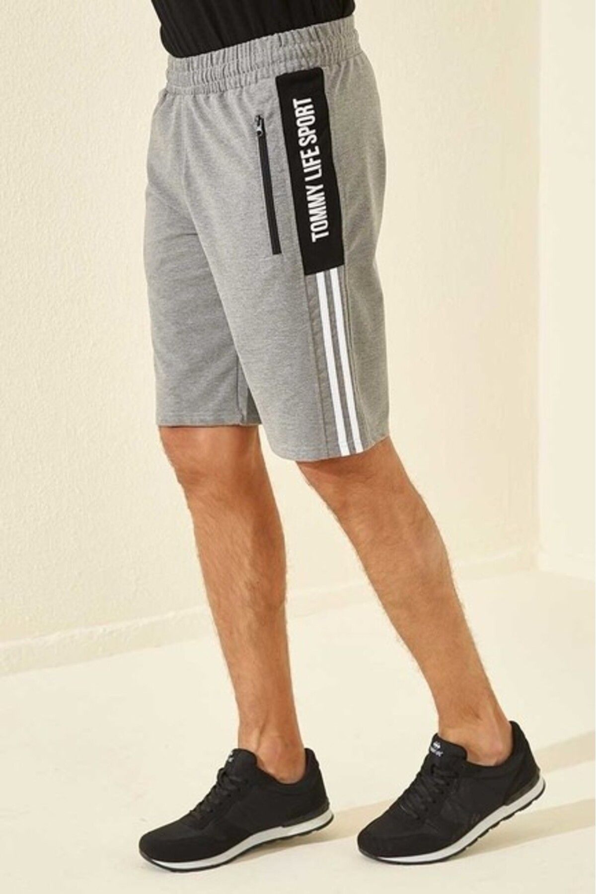 TOMMY LIFE-Pantaloni scurți cu imprimeu gri Melange pentru bărbați - Dungă laterală, potrivire standard - 81145 7