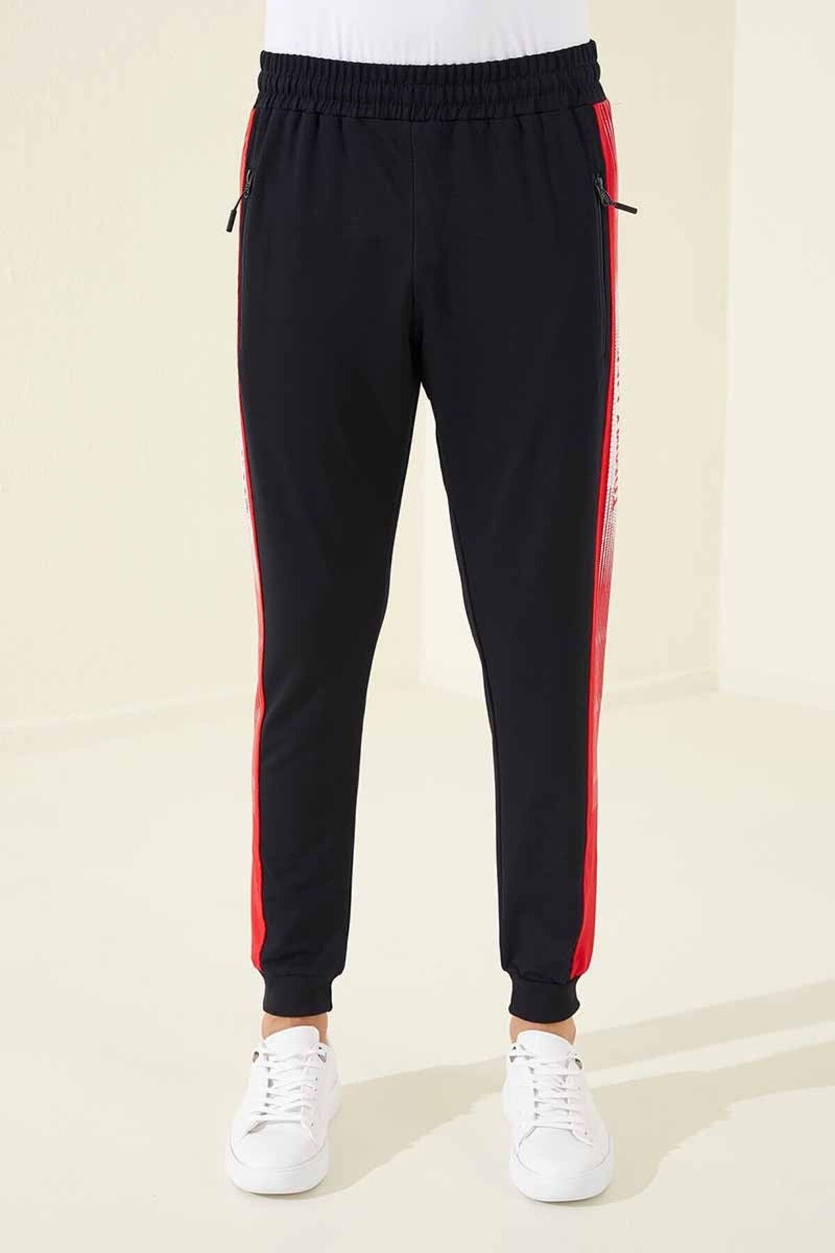 TOMMY LIFE-Navy Blue - Red Zipper Pocket Printed Standard Mold Jogger Men's Tracksuit Bottom - 84657 6