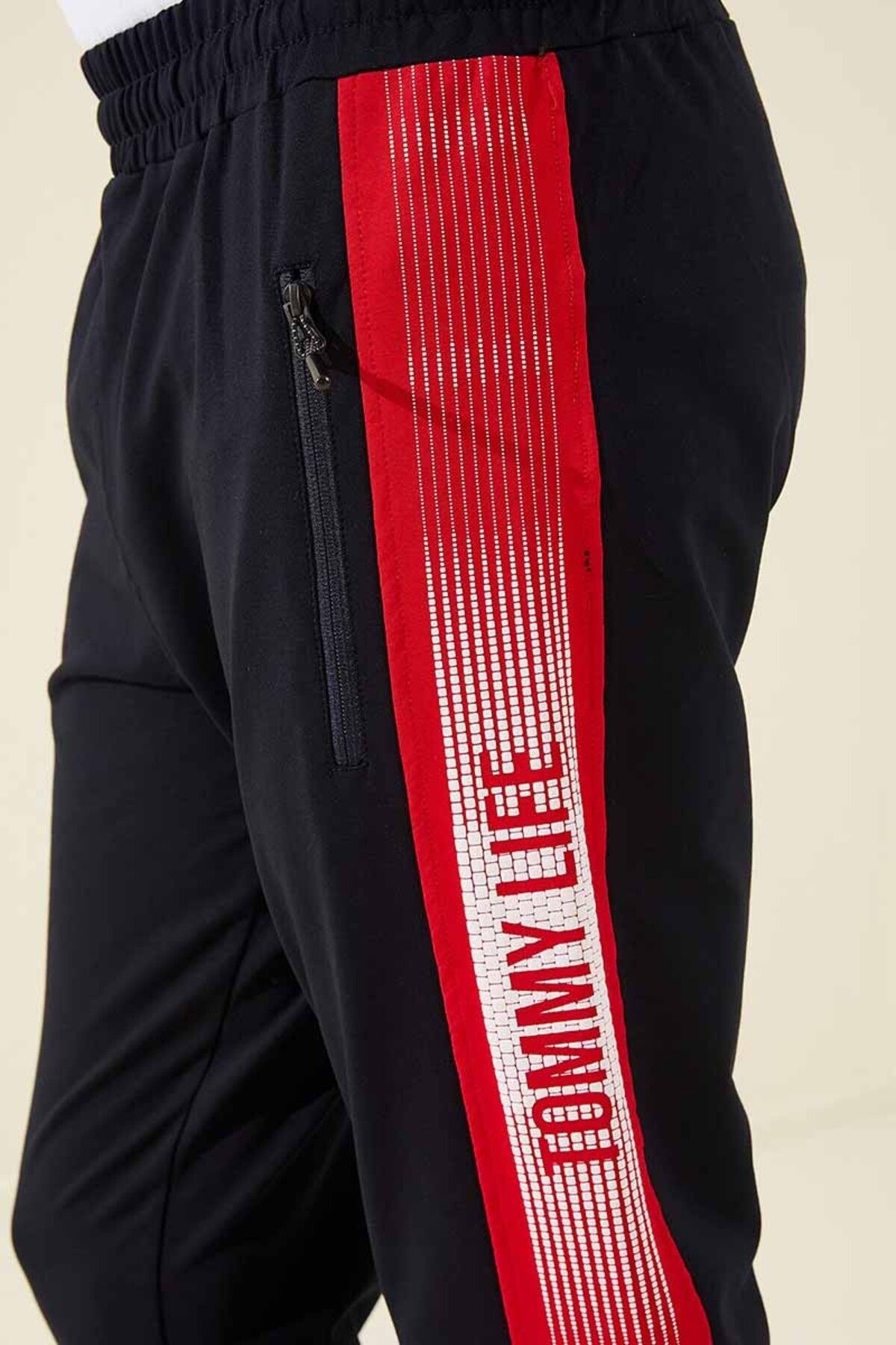 TOMMY LIFE-Navy Blue - Red Zipper Pocket Printed Standard Mold Jogger Men's Tracksuit Bottom - 84657 8