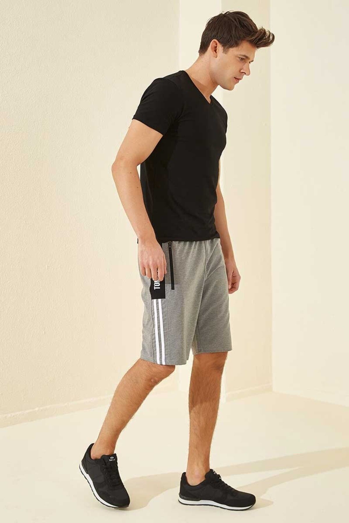 TOMMY LIFE-Pantaloni scurți cu imprimeu gri Melange pentru bărbați - Dungă laterală, potrivire standard - 81145 6
