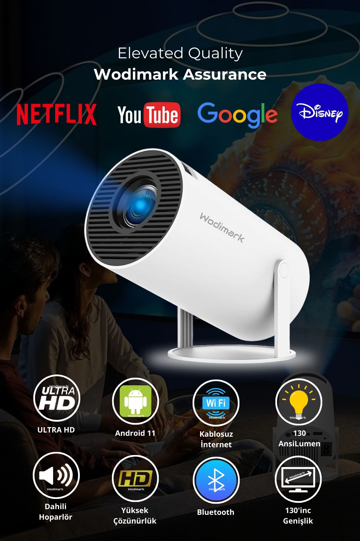 Taşınabilir Android Sinema Projeksiyon Wifi Destekli En Güncel Sürüm Akıllı Projektör Beyaz HD