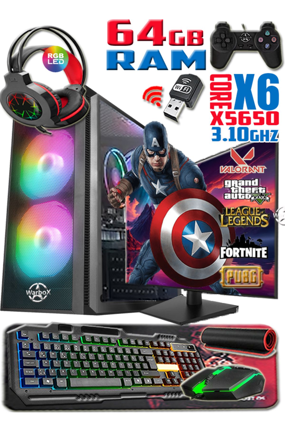 Kaptan Xeon X5650 3.10ghz 64gb Ram 512gb Ssd R7 240-4gb E.kartı 24" Monitör Gaming Bilgisayar