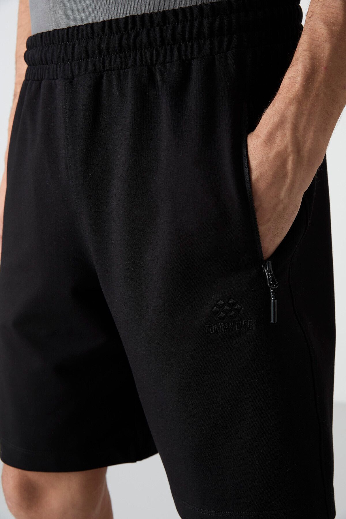 TOMMY LIFE-Black Hidden Zipper Back Pocket Lace-Up Standard Fit Men's Shorts - 81136 3