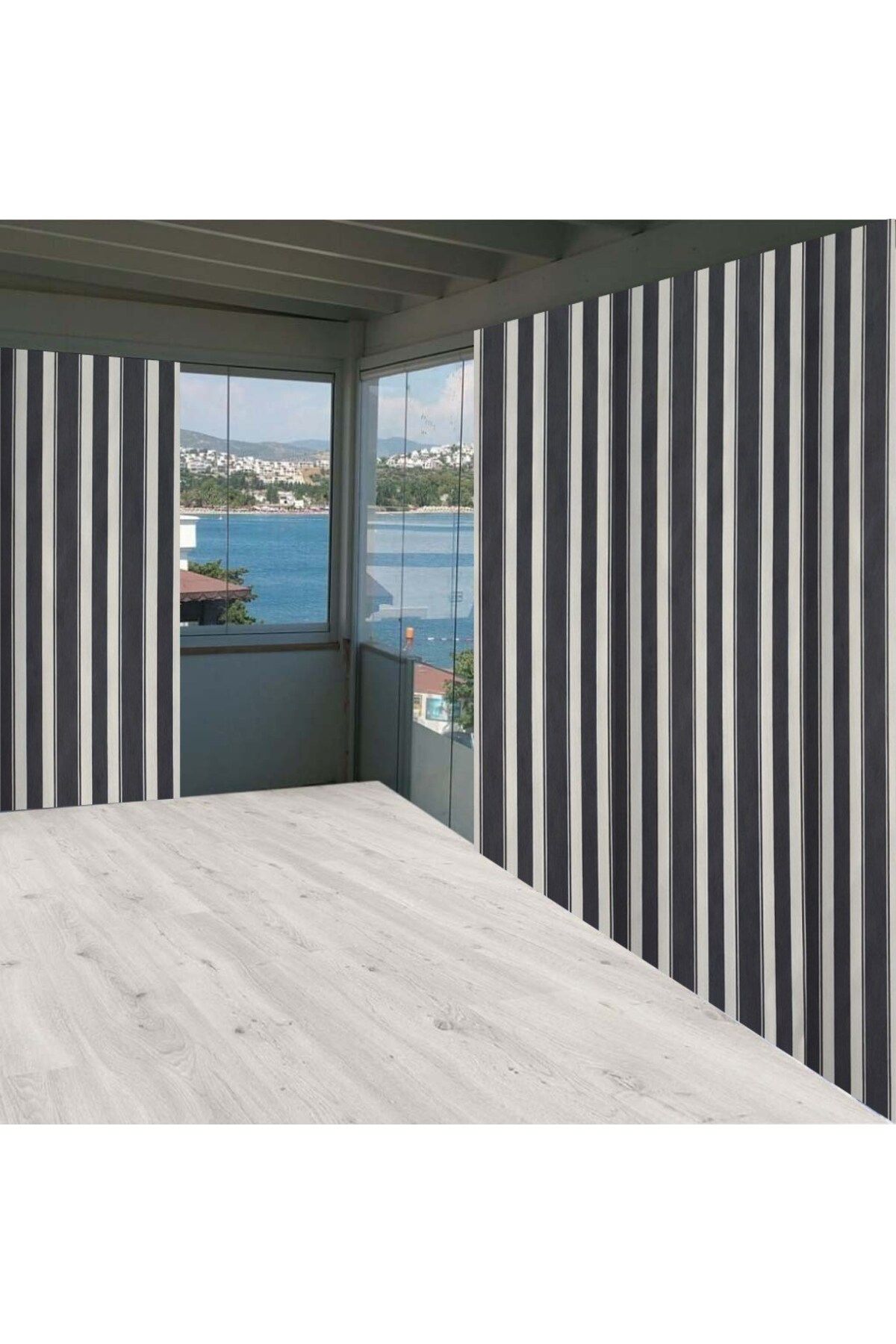 ceylan home Balkon Perdesi Gri Beyaz Çizgili 550x250