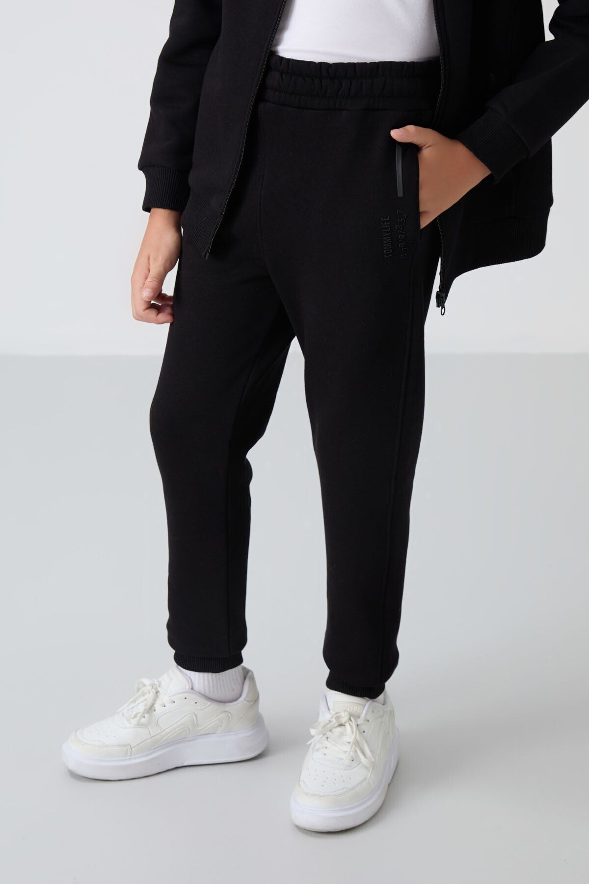 TOMMY LIFE-Boy's Tracksuit Set - Black Cotton, Thick Fur Inside, Soft Textured Embroidery - 11240 4
