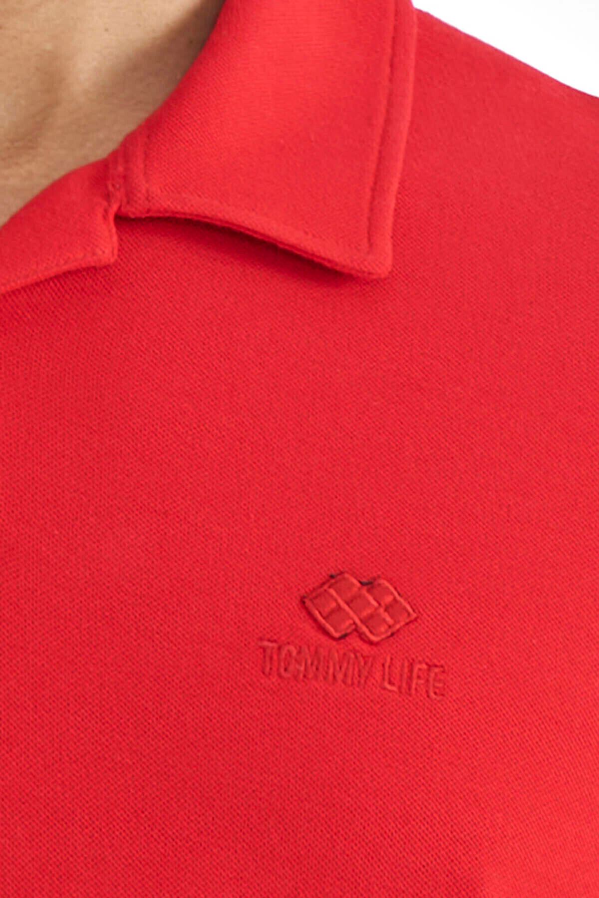TOMMY LIFE-Red Polo Neck Logo Embroidered Standard Form Men's T-shirt - 88237 3