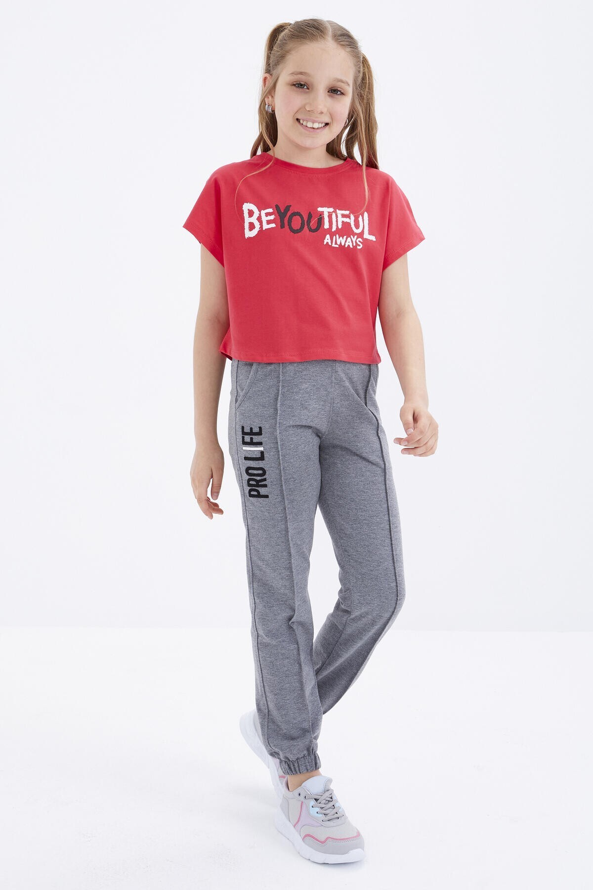 TOMMY LIFE-Gray Melange Embroidered - Lace-Up Girl's Sweatpants, Elastic Leg - 75050 5