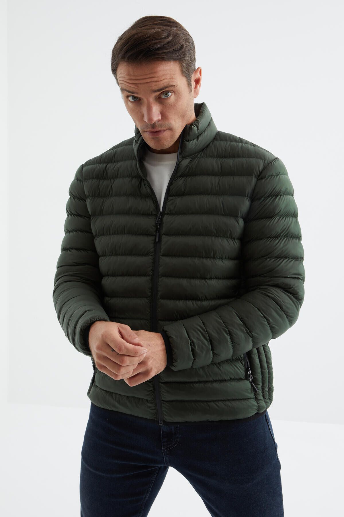 TOMMY LIFE-Khaki Zippered Standard Fit Cold Resistant Men's Puffer Coat - 88166 3