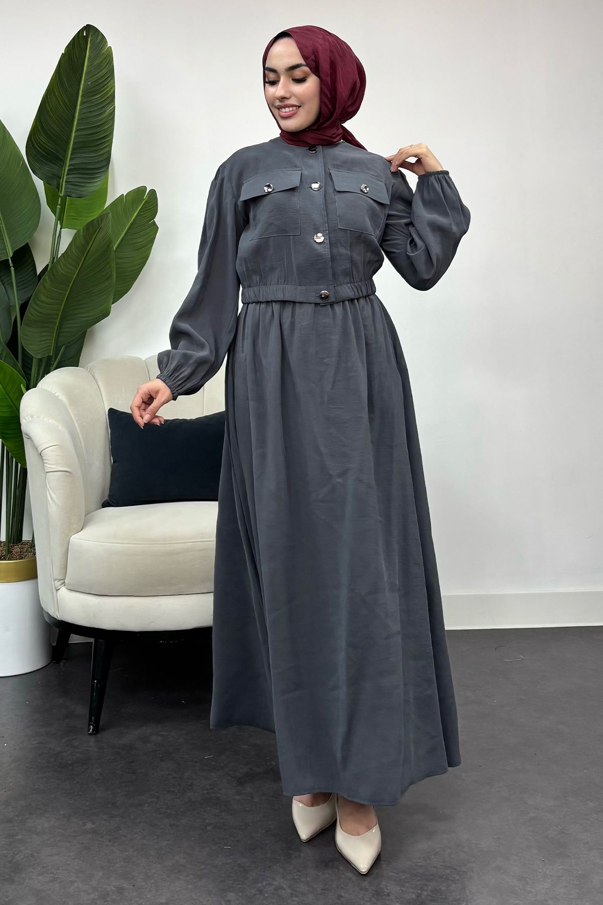 Tesettür Diyarı-Women's Button Detailed Two-Piece Suit - Anthracite 3