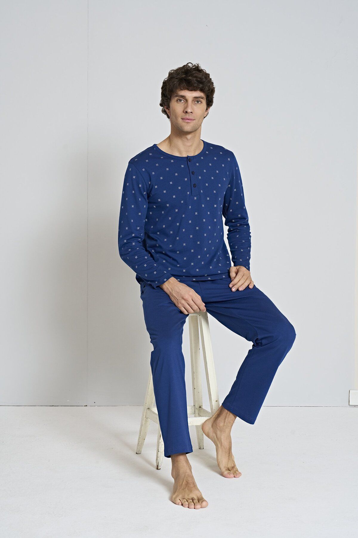 EGETEKS Erkek Lacivert Basic Geometrik Desen Yaka Dügmeli Uzun Kollu Pijama Takımı