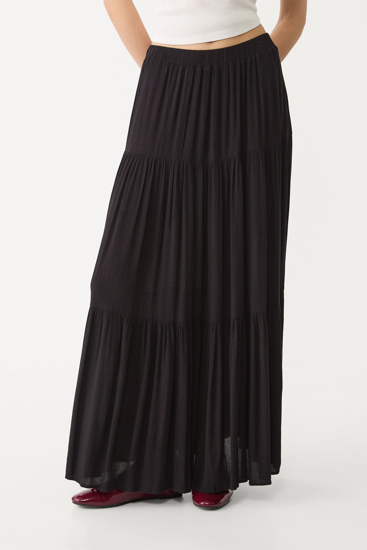 Stradivarius-Ribbed Midi Skirt Linen Effect 4