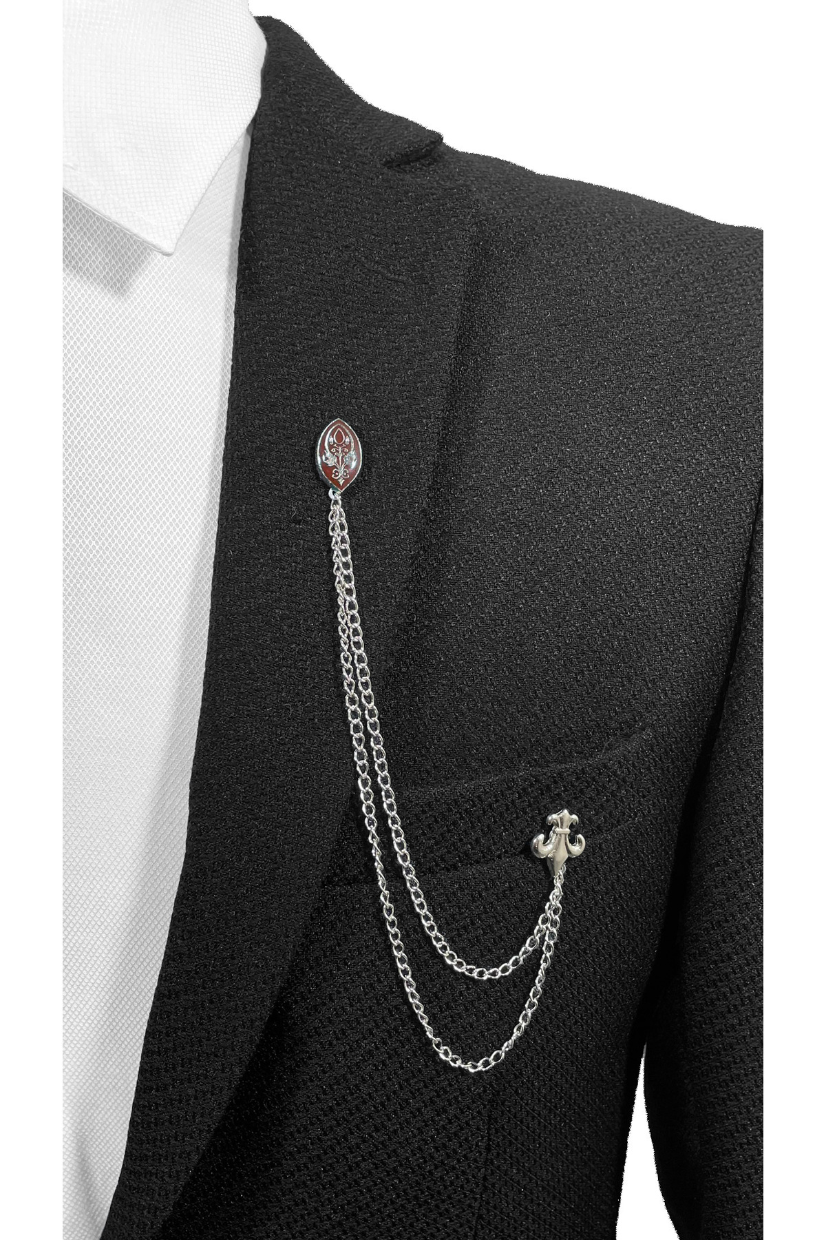  سنجاق یقه کت گلدوزی شده اورجینال نقره‌ای-خاکستری با رنگ قرمز.