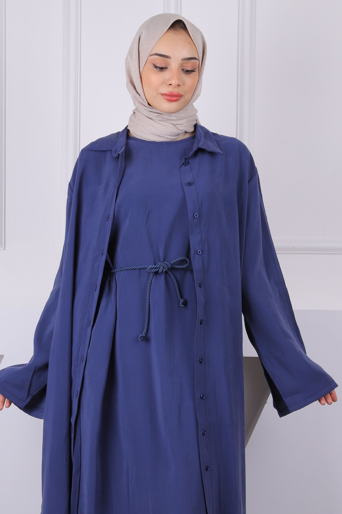 İmajButik-Set combinat rochie tunică cu șnur cu talie bleumarin 4