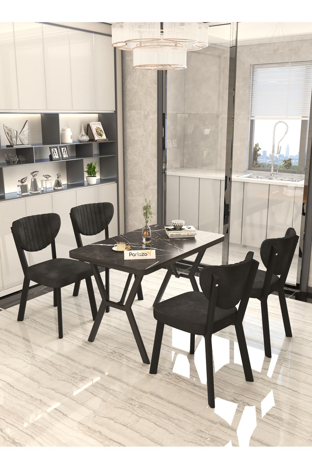 Parlazonhome Aras 70x110cm Sabit Siyah, Yemek Masası, Yemek Masası Takımı, 4 Siyah Sandalye