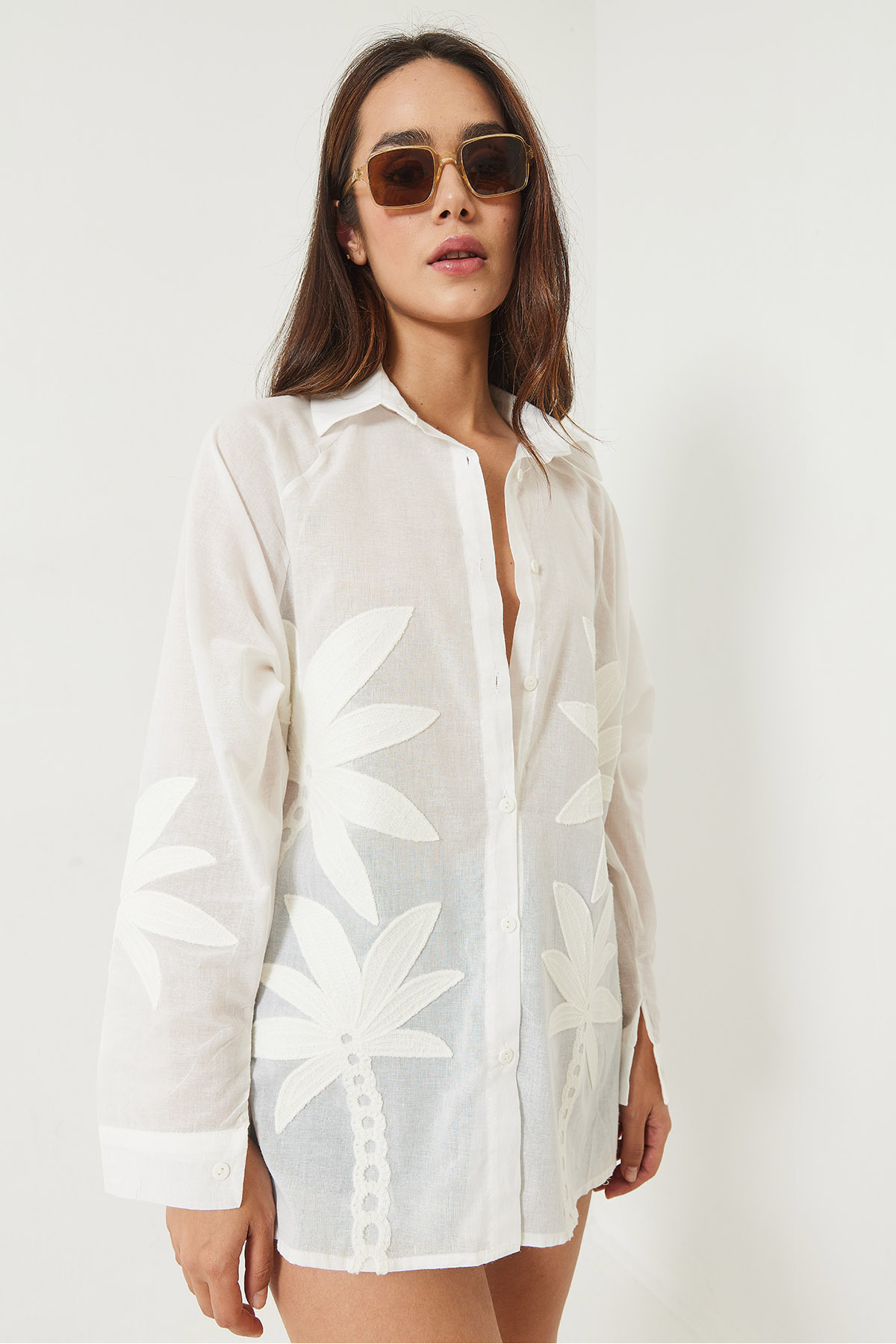 Bianco Lucci-Women's Palm Embroidered Long Sleeve Linen Shirt 60283017 3