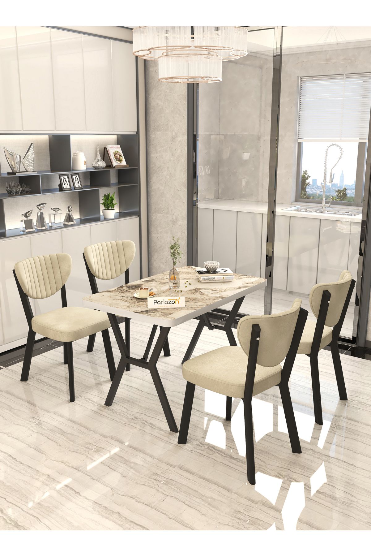 Parlazenhome Aras 70x110cm Sabit Efes, Yemek Masası, Yemek Masası Takımı, 4 Krem Sandalye