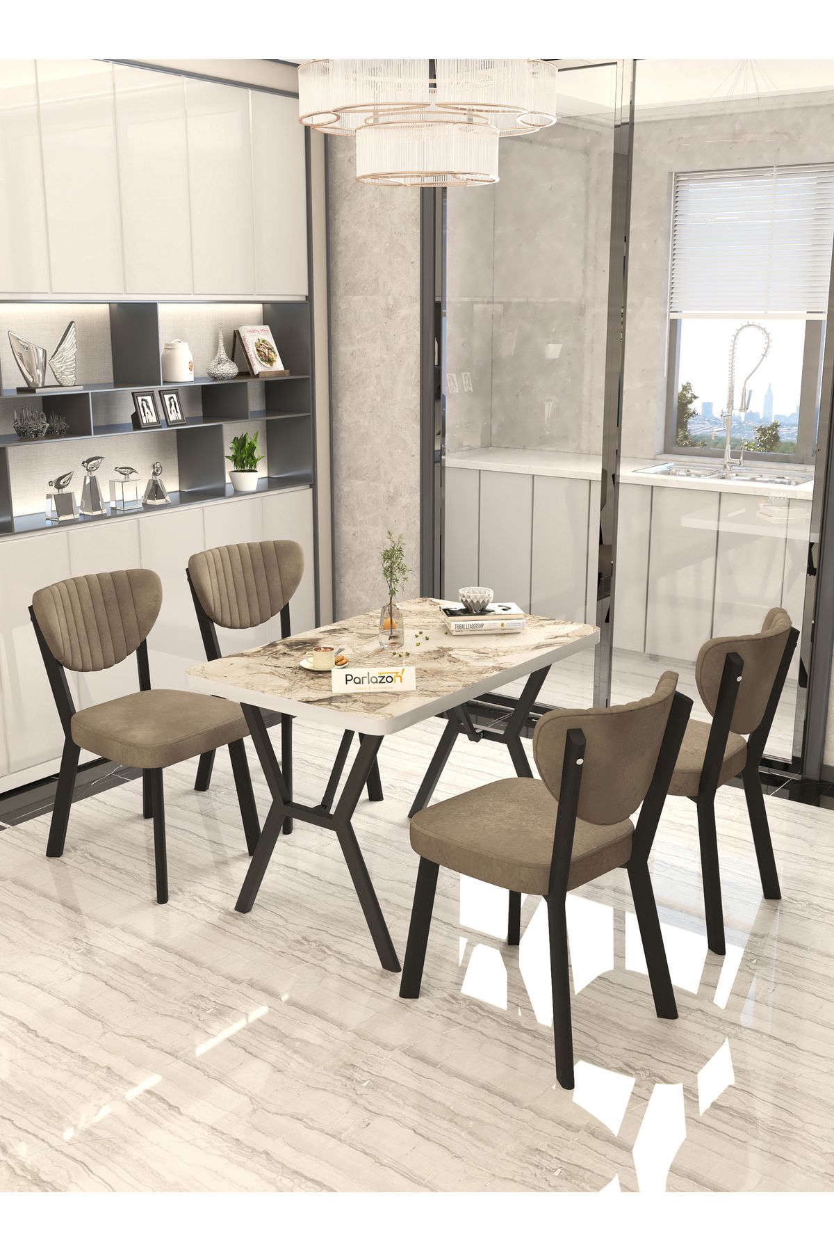 Parlazenhome Aras 70x110cm Sabit Efes, Yemek Masası, Yemek Masası Takımı, 4 Kahverengi Sandalye