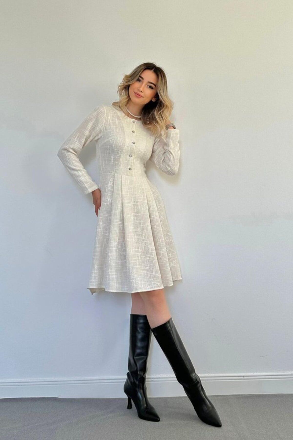 MRA Fashion Ekru Kısa Klasik Elbise