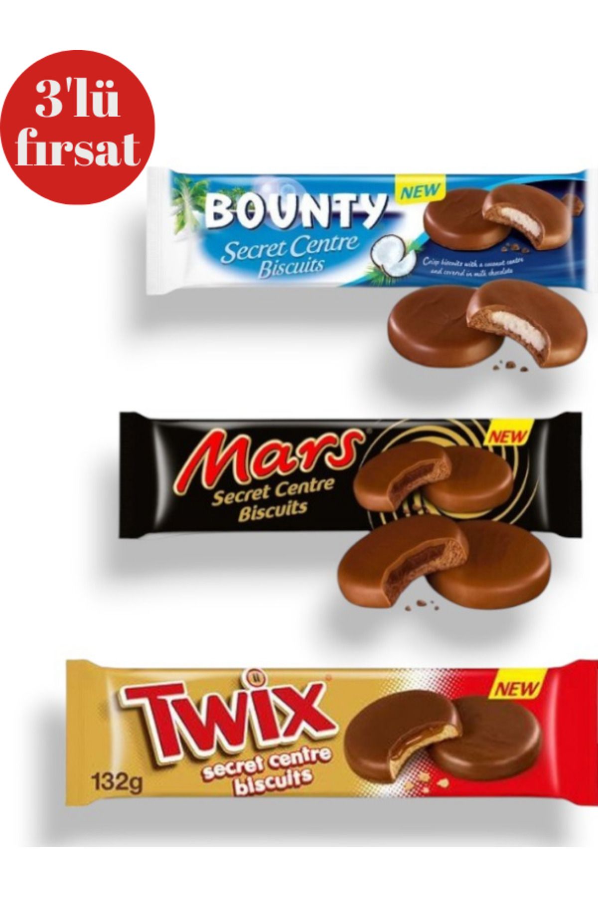 Bounty Mars Bounty Twix Secret Centre Biscuits 132 Gr x 3 Adet Avantaj Paketi