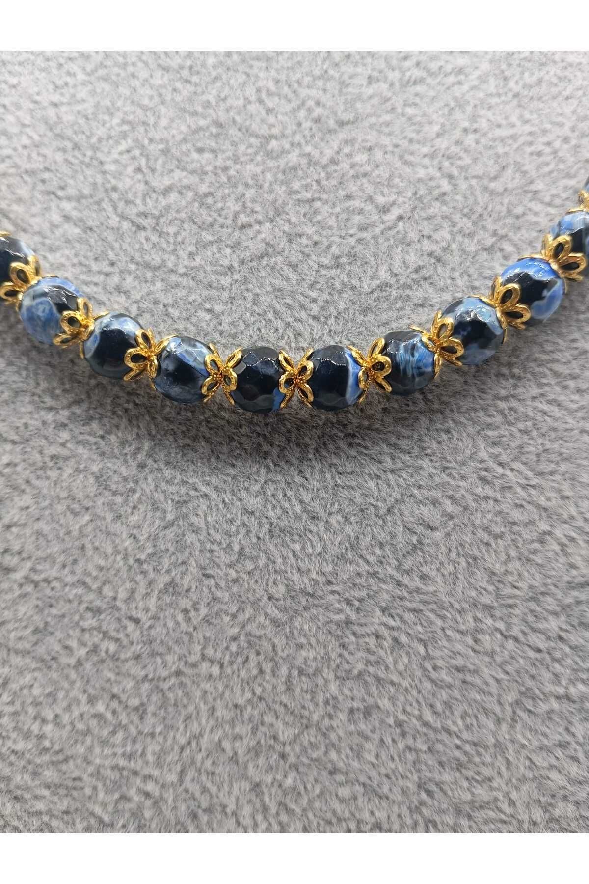 Ralp Moda Mavi Akik Taşından Faset Kesim Kadın Kolye 50 cm uzunluk
