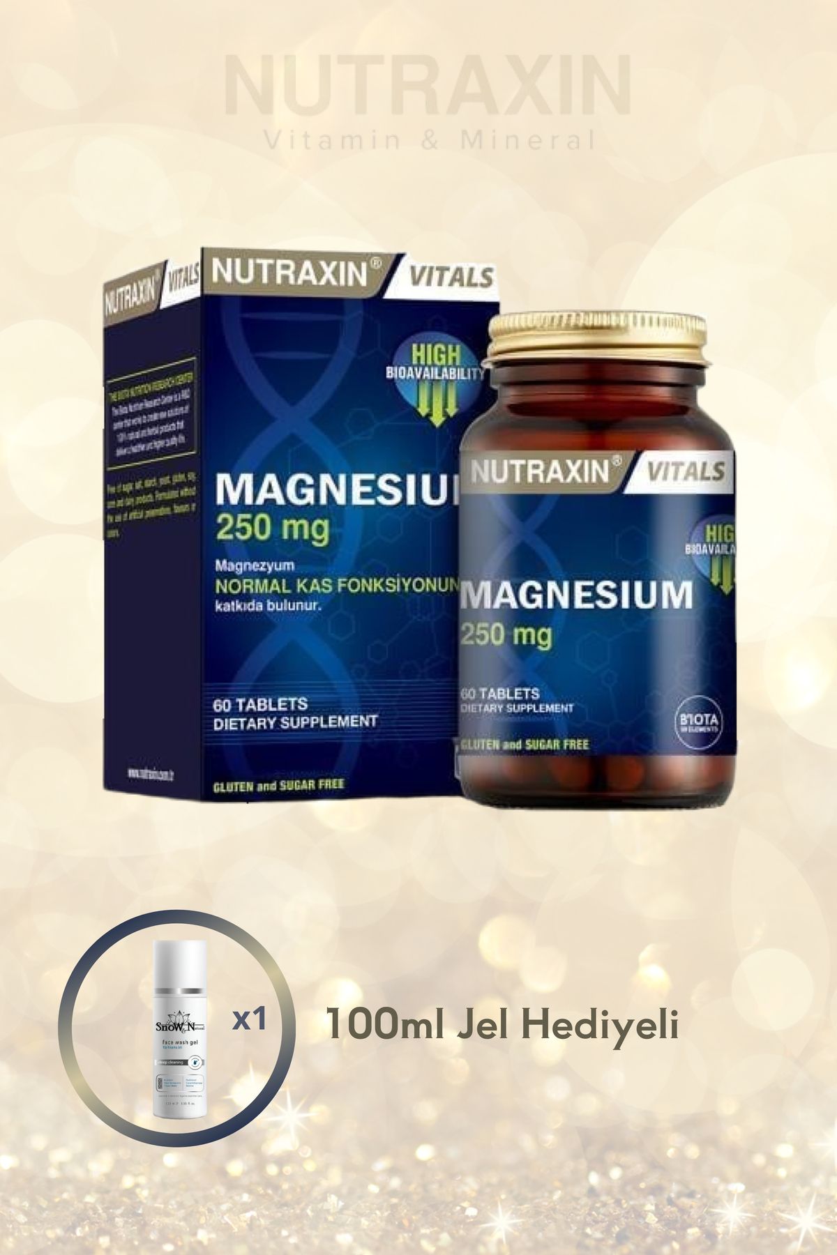 Nutraxin Magnezyum Citrate 250 mg Takviye Edici Gıda 60 Tablet &100 ML YÜZ TEMİZLEME JELİ