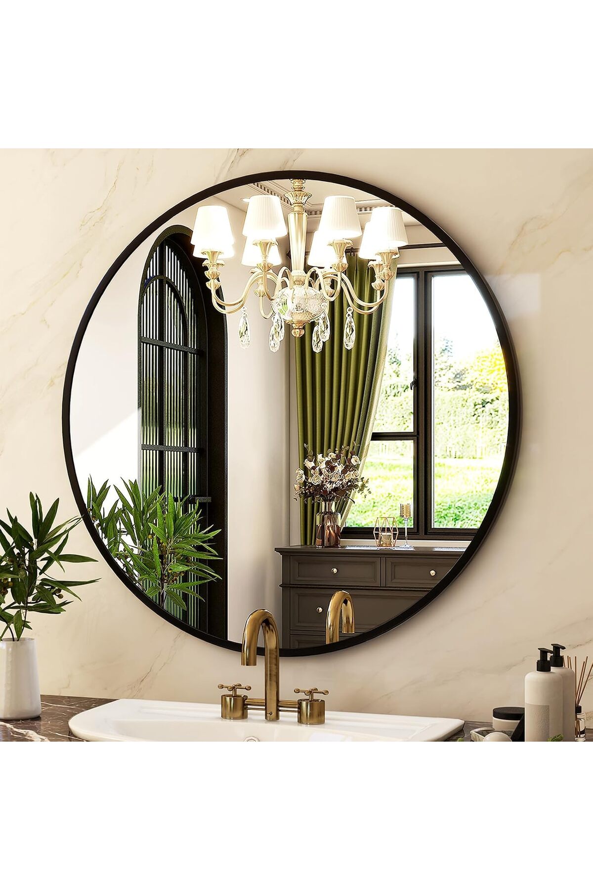 مرآه حائط دائرية انيقة اطار اسود مقاس 100سم