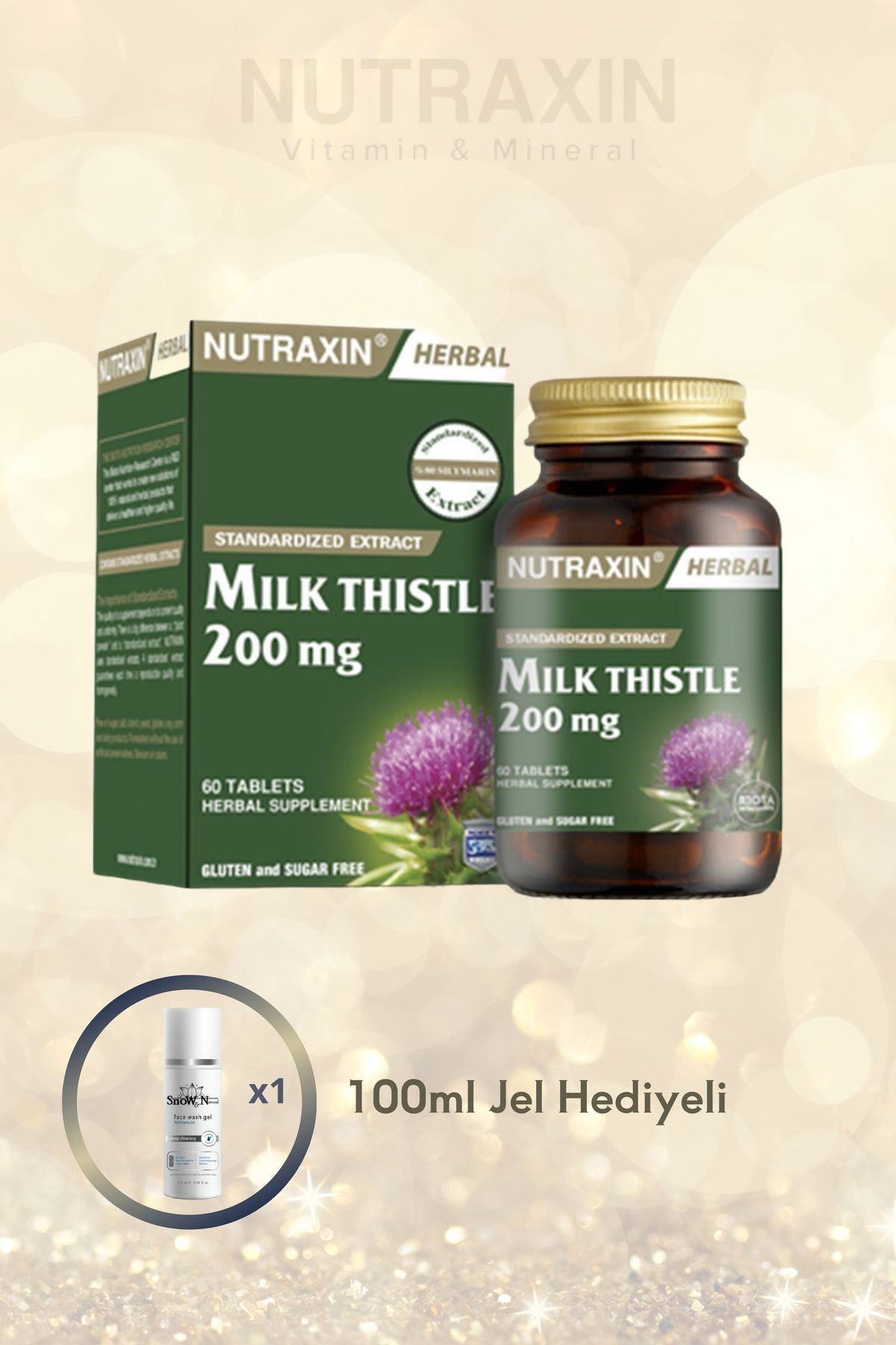 Nutraxin Milk Thistle (Deve Dikeni) 200 mg Gıda Takviyesi 60 Tablet & Yüz Temizleme Jeli 100ml