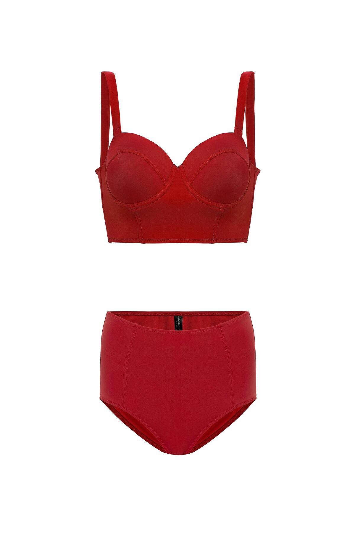 AQUAVİVA Aquaviva Kadın Kırmızı Valencia Sırt Detaylı Dolgulu Yüksek Bel Bikini Takımı