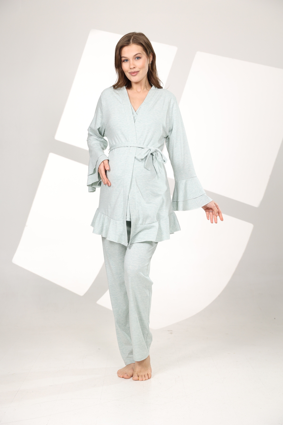 Hamile Tekstil-Water Green Melange Frilly Double Breasted Maternity Pajama Set with Dressing Gown 3
