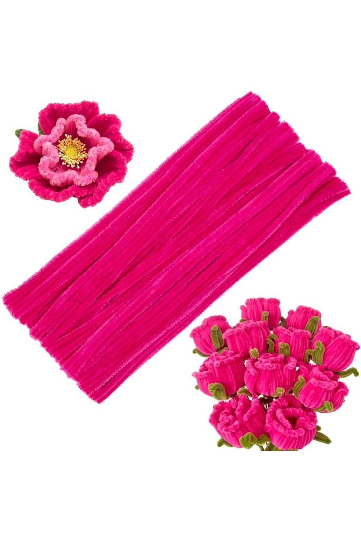 Hobialem Fuşya Renkli Şönil, 25 Adet Koyu Pembe Eğitici Şönil Seti, Tüylü Tel, 30 Cm, Peluş Tel