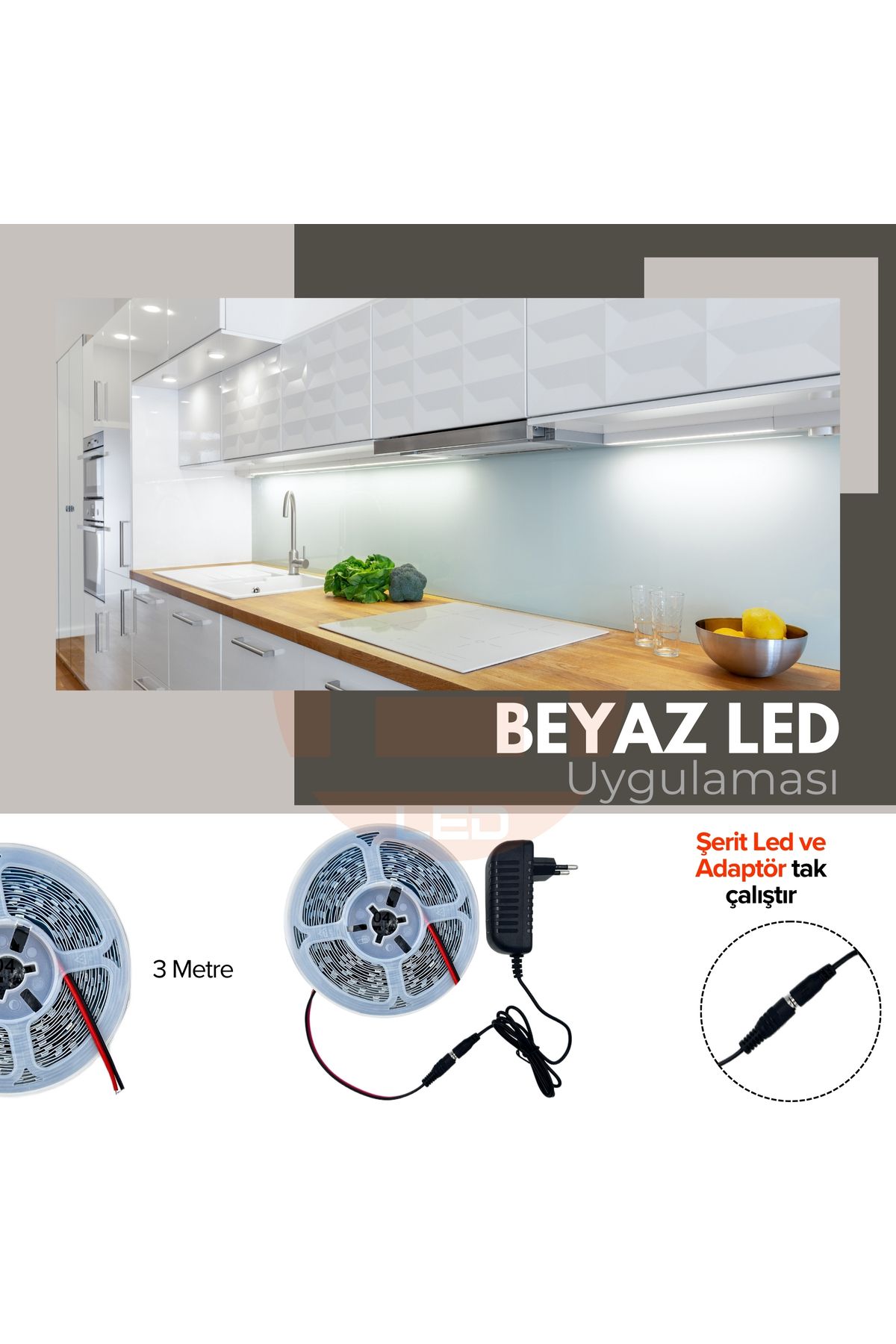AmberLED 3 Metre Beyaz Şerit Led Tak Çalıştır Adaptör Dahil | Tezgah, Dolap, Mutfak Aydınlatma