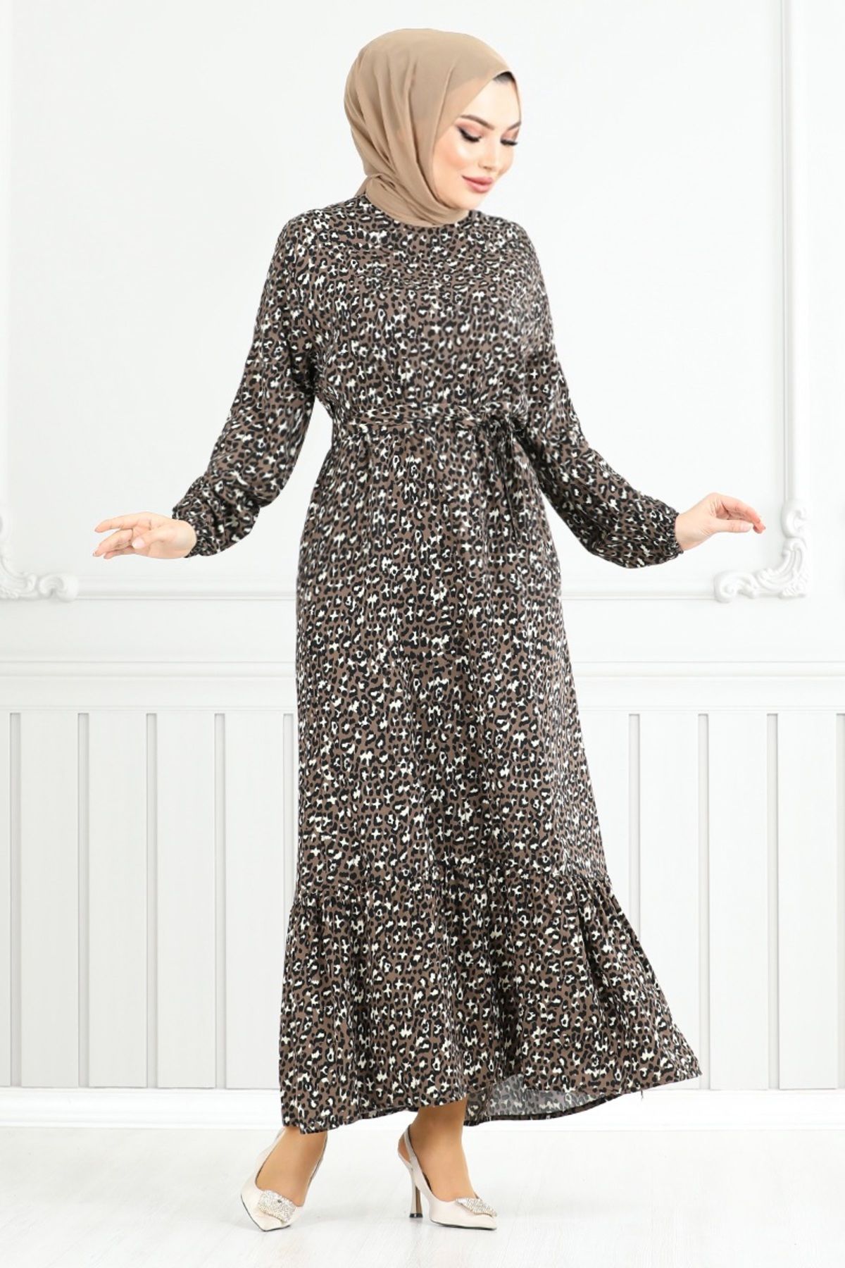 ModaMerve-Patterned Viscose Dress 822Ozr1047-M Brown 2