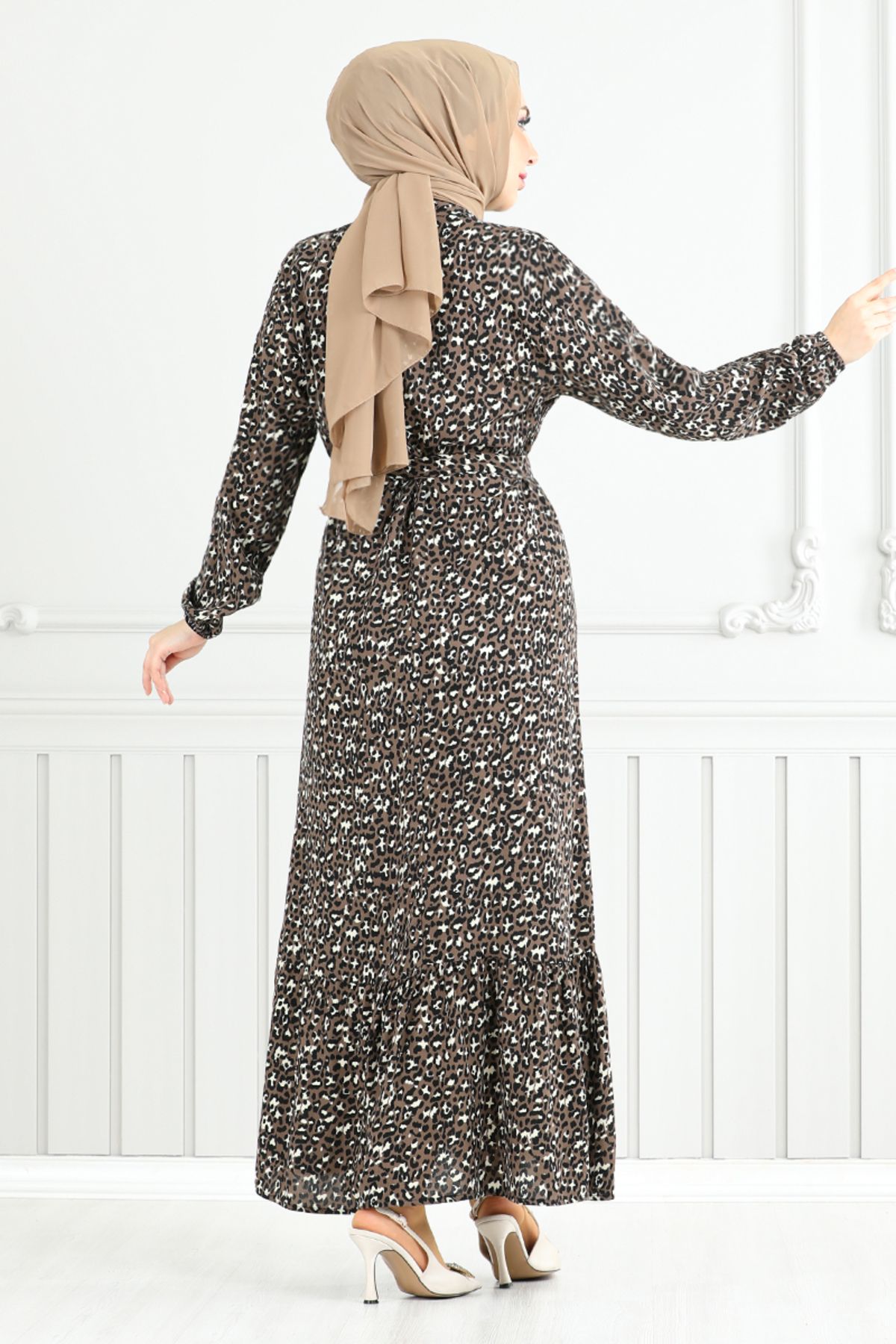 ModaMerve-Patterned Viscose Dress 822Ozr1047-M Brown 4