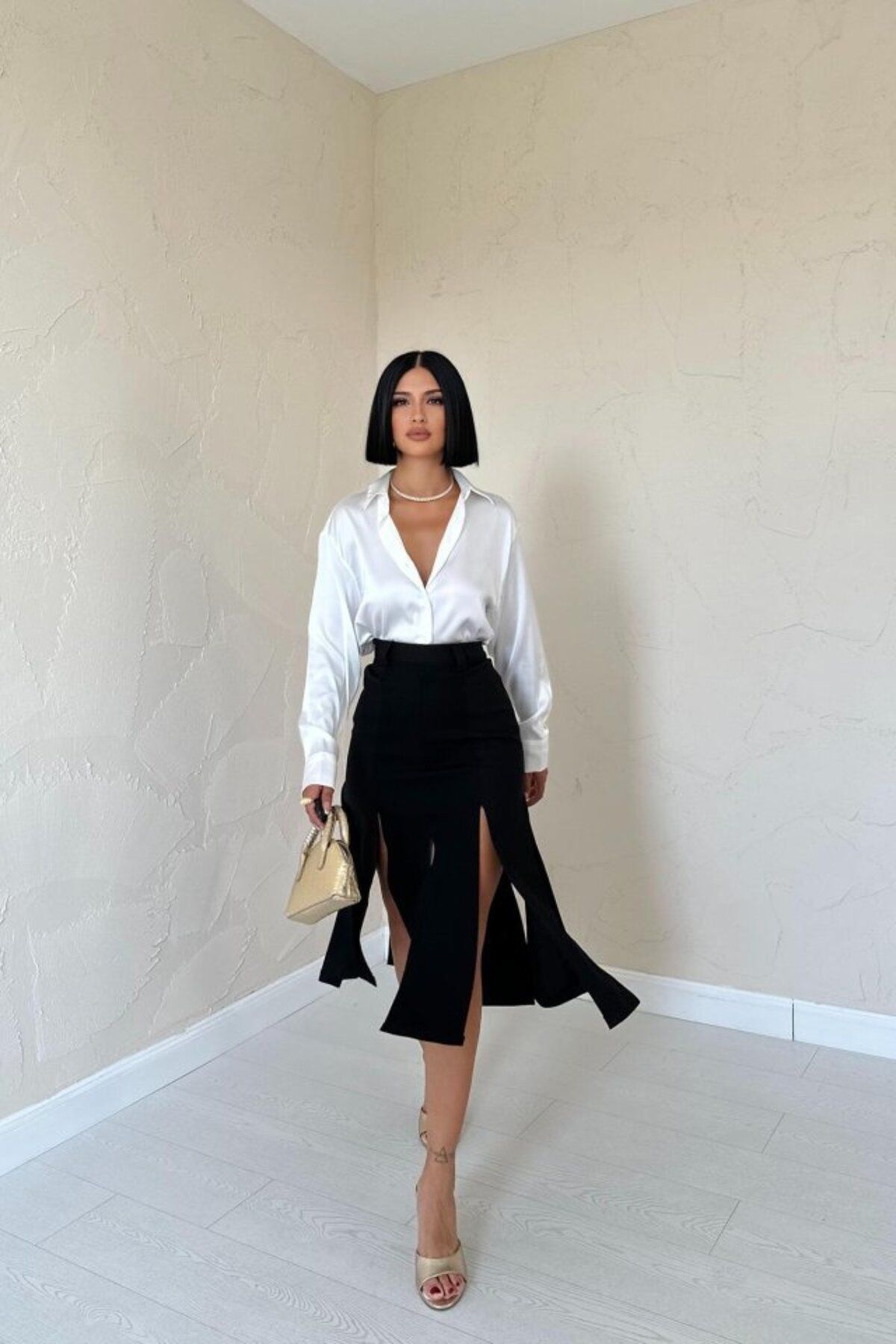 velmorafashion Siyah Yırtmaçlı Parçalı Etek