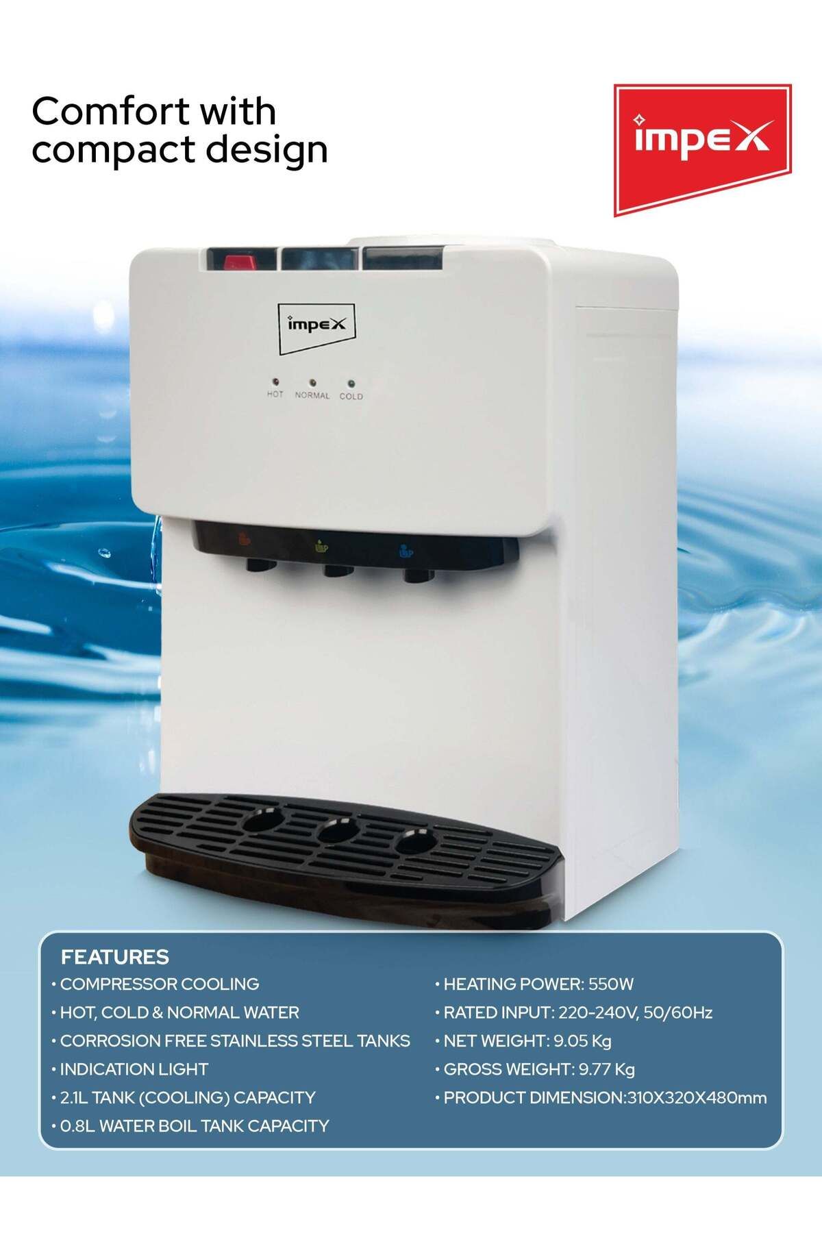 İMPEX-Impex Water Dispenser With 3 Temperature Settings Table Top Stainless Steel Tank WD 3903B 7
