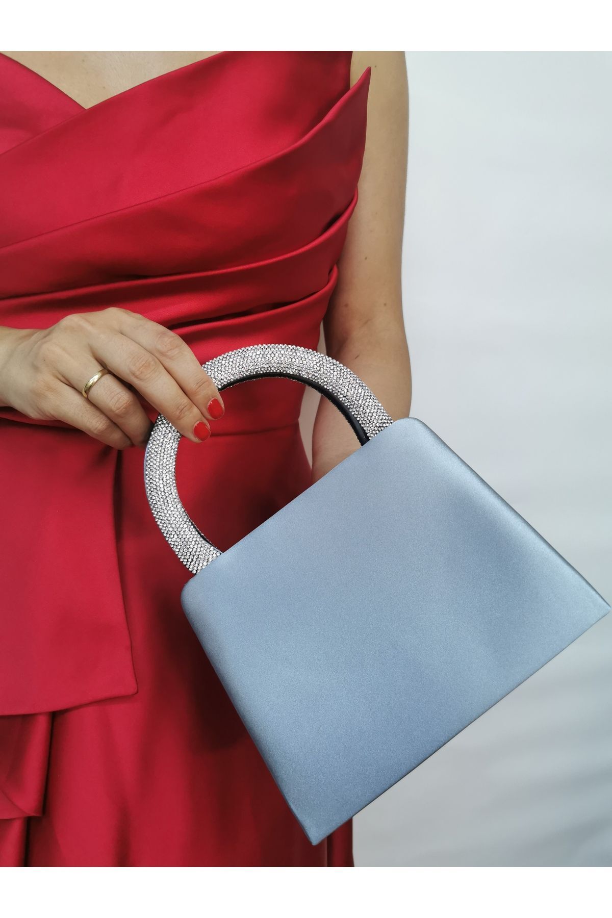 NAZART-Rochie de seară din satin platină pentru femei, cu cureaua cu lanț, geantă de umăr de nuntă de logodnă 2