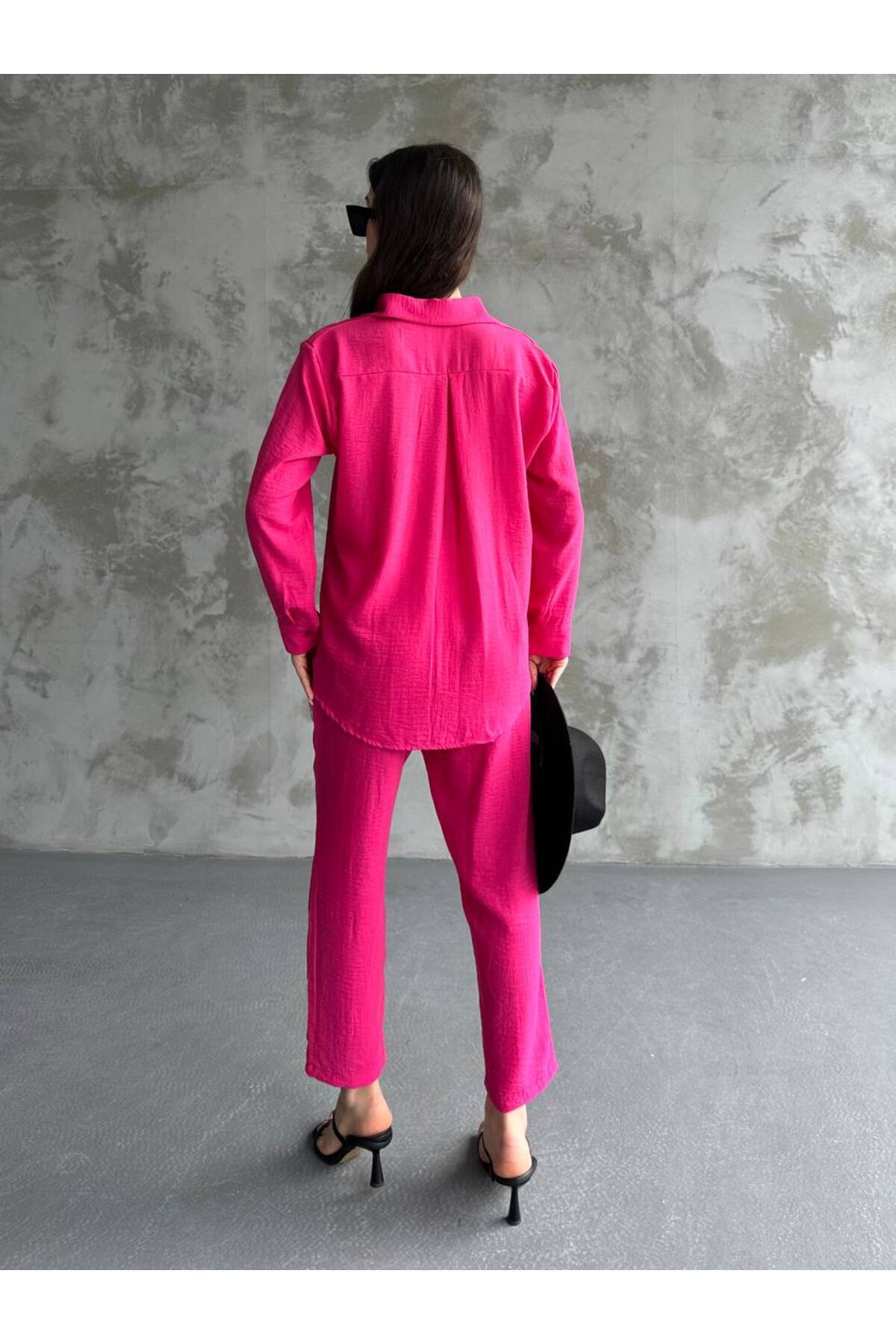 Women's Two-Piece Linen Set Fuchsia Pants Shirt Top Bottom - Görsel 3