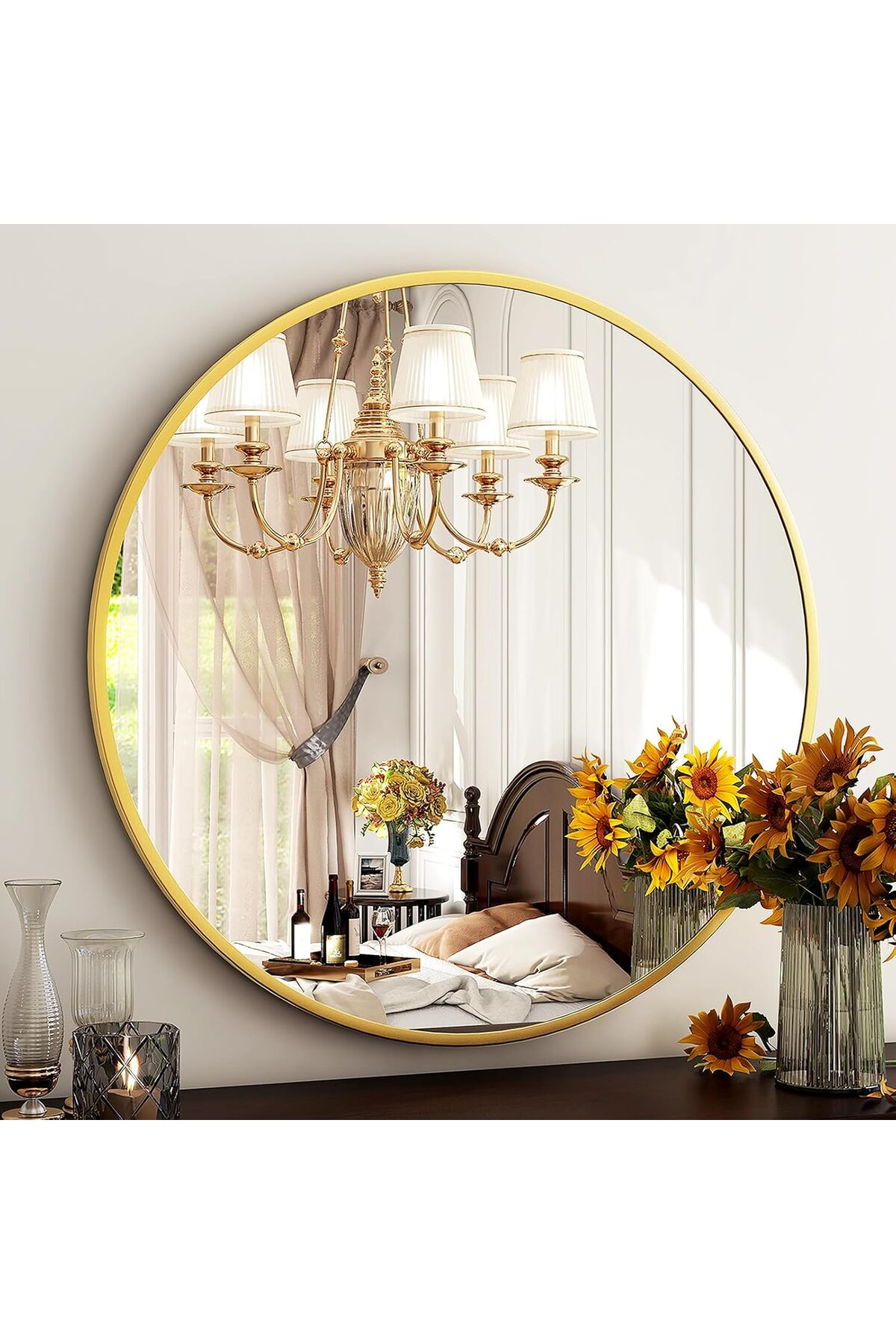 مرآه حائط دائرية انيقة اطار ذهبي مقاس 60سم