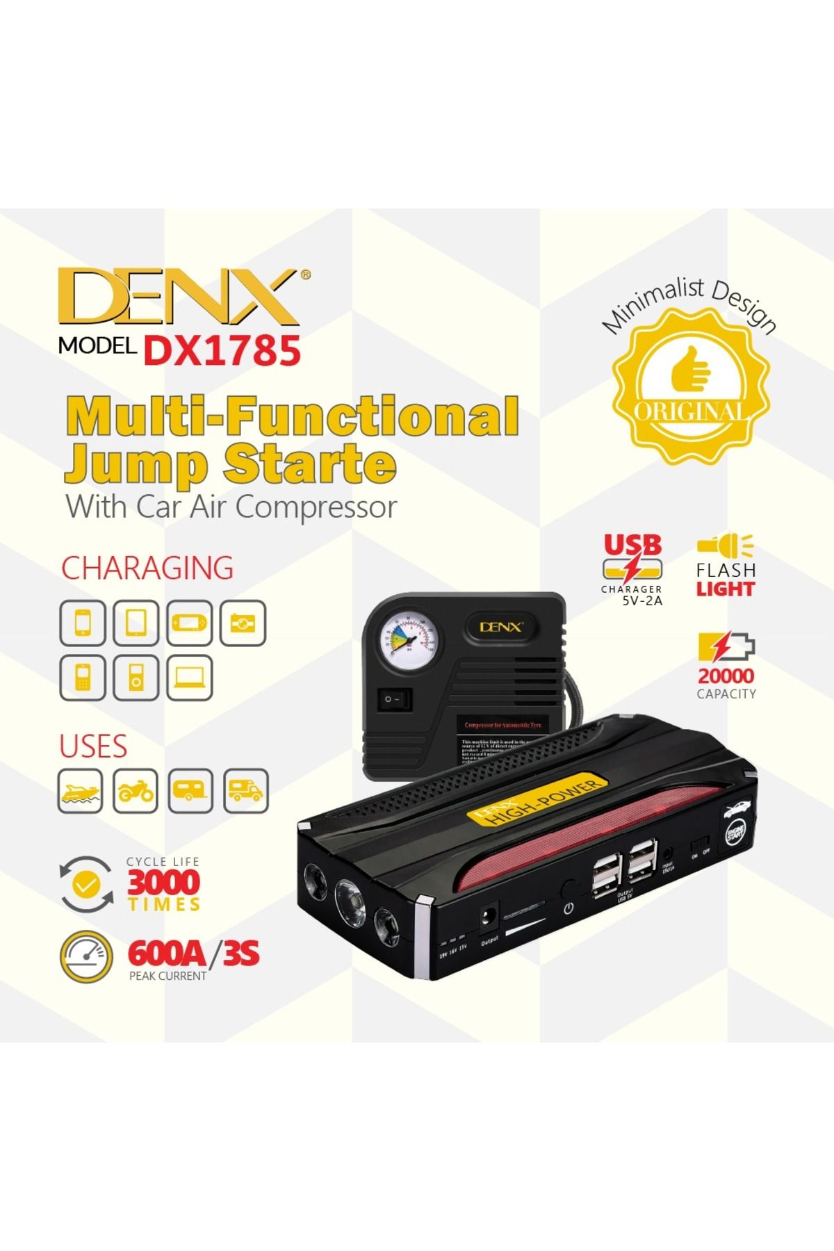 Denx-DX1785 portable battery with car subscription for the car with a power of 20000 mAh + multi-use 5
