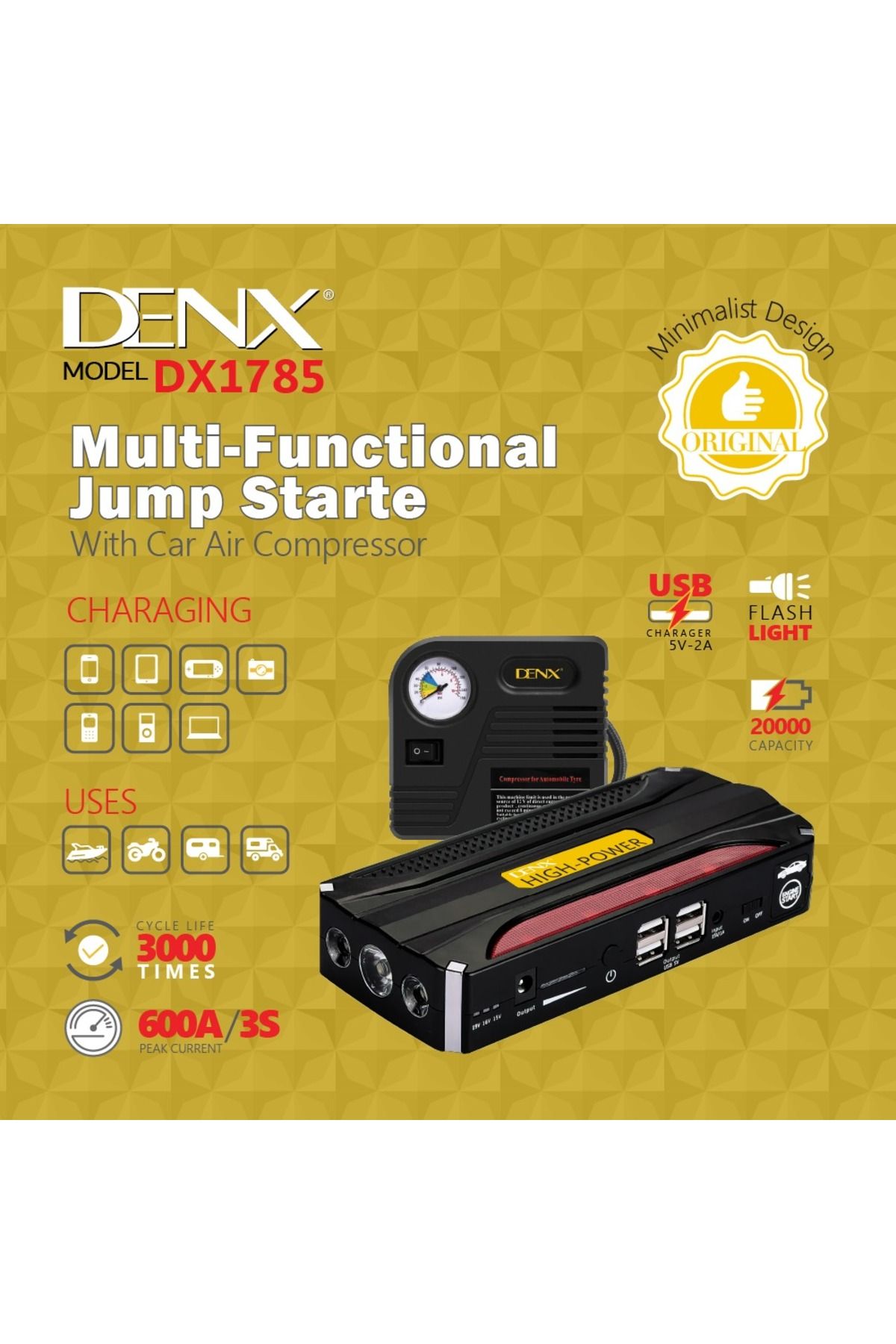 Denx-DX1785 portable battery with car subscription for the car with a power of 20000 mAh + multi-use 3
