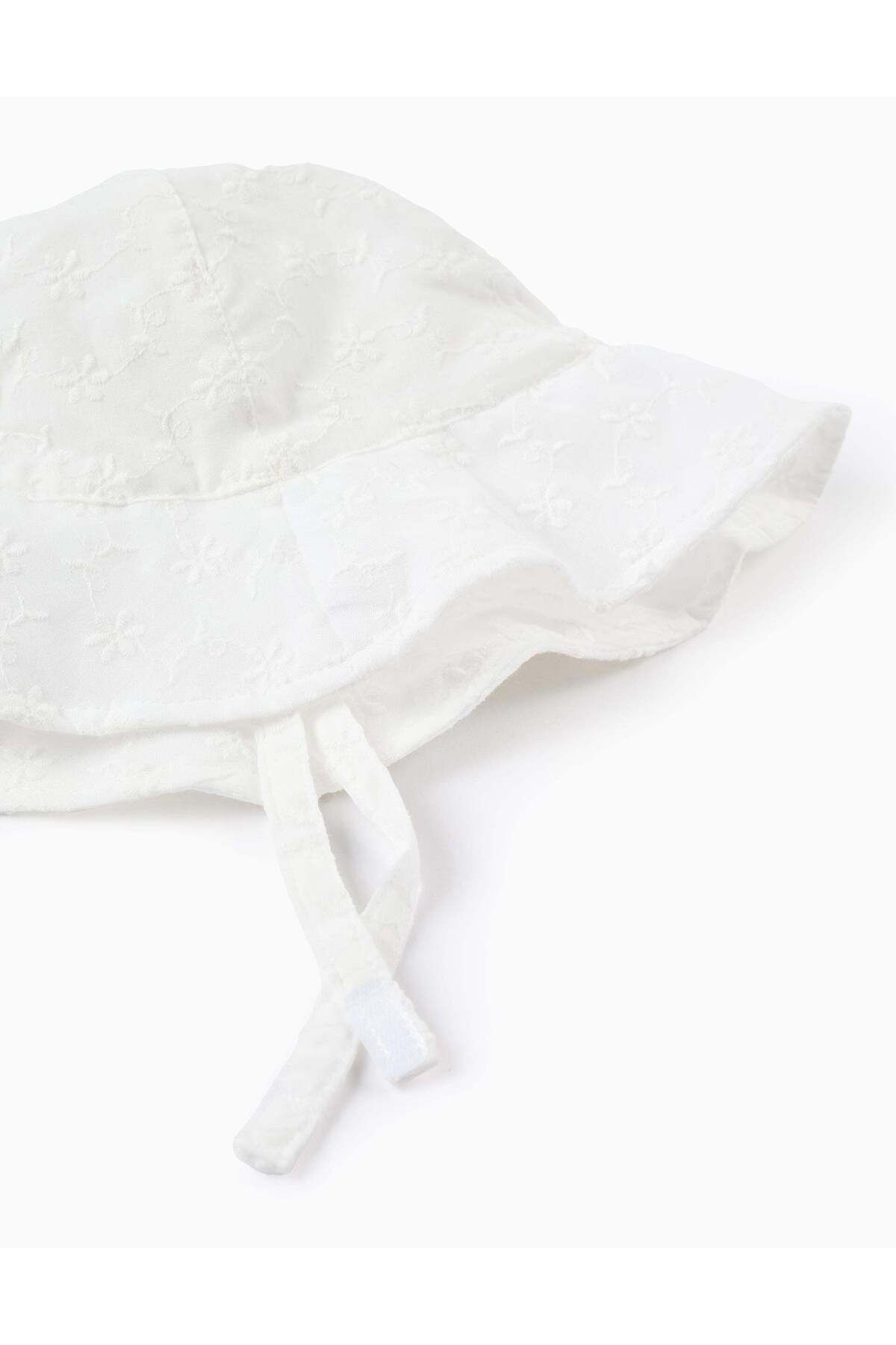 Ziddy-Hat with Flower Embroidery for Baby Girls, White 2