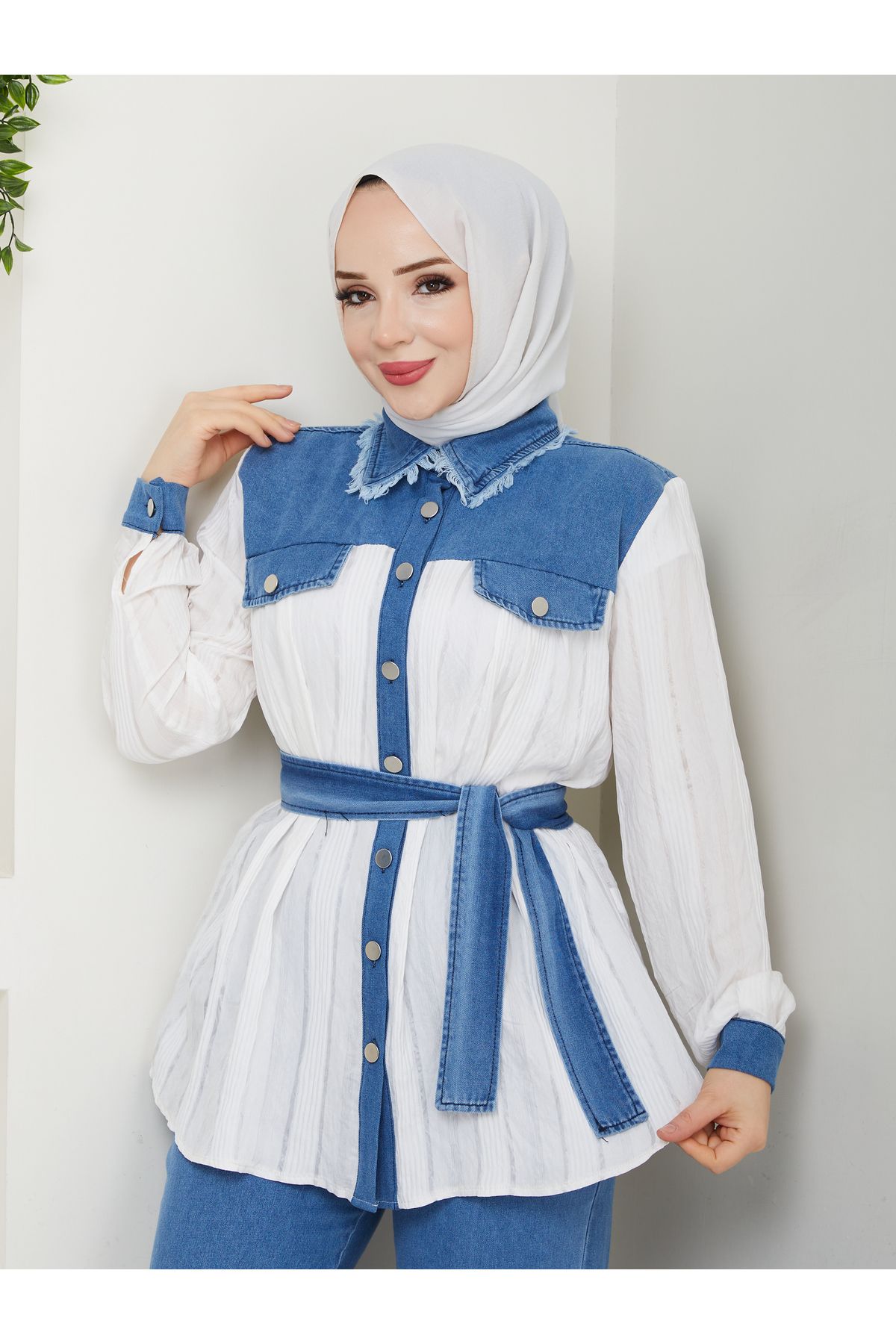 MODAMERSİ-طقم مكون من قطعتين من الجينز الأزرق الفاتح للنساء 6
