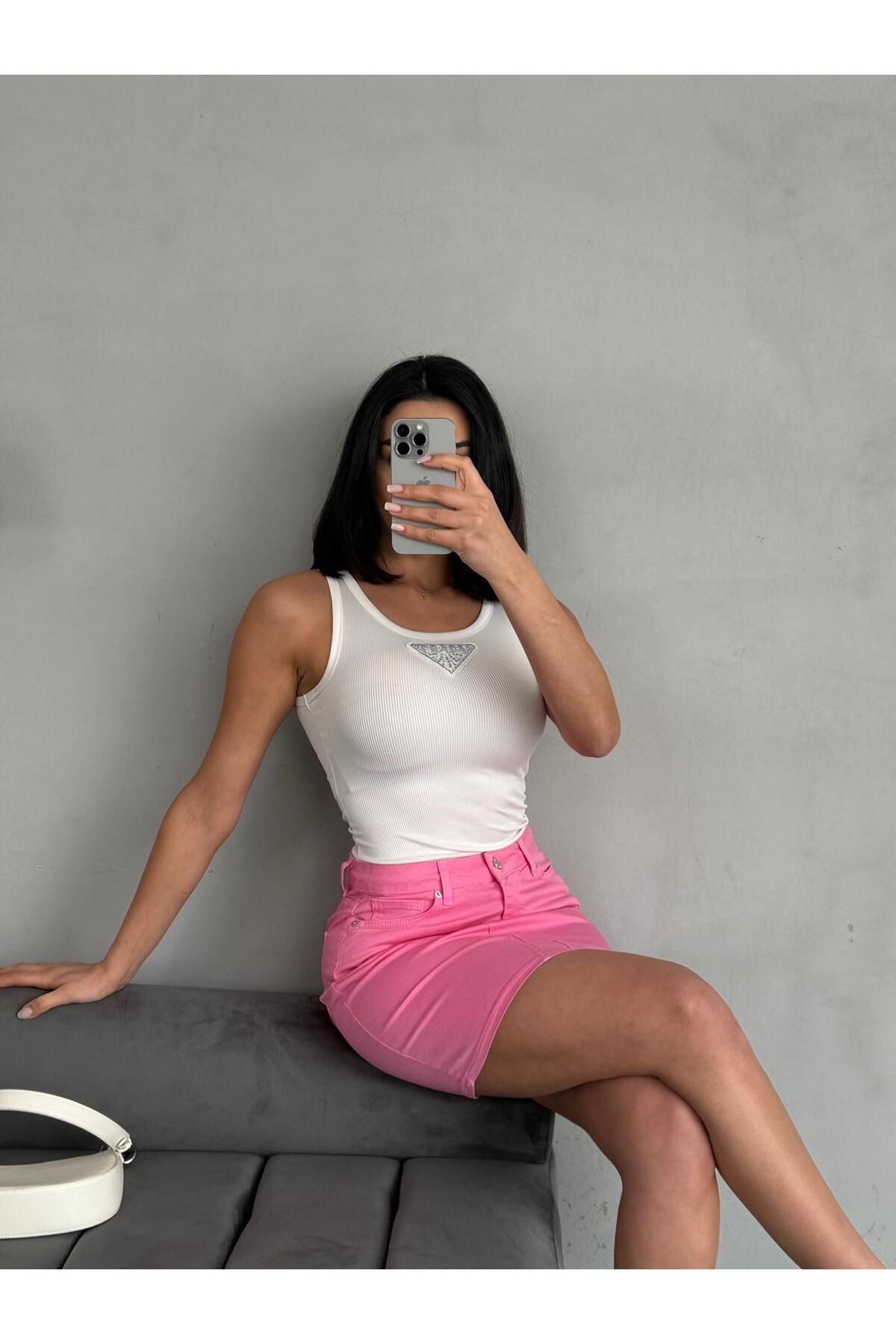 Zeo Basic-Mini Pink Skirt with Stitching Detail 4