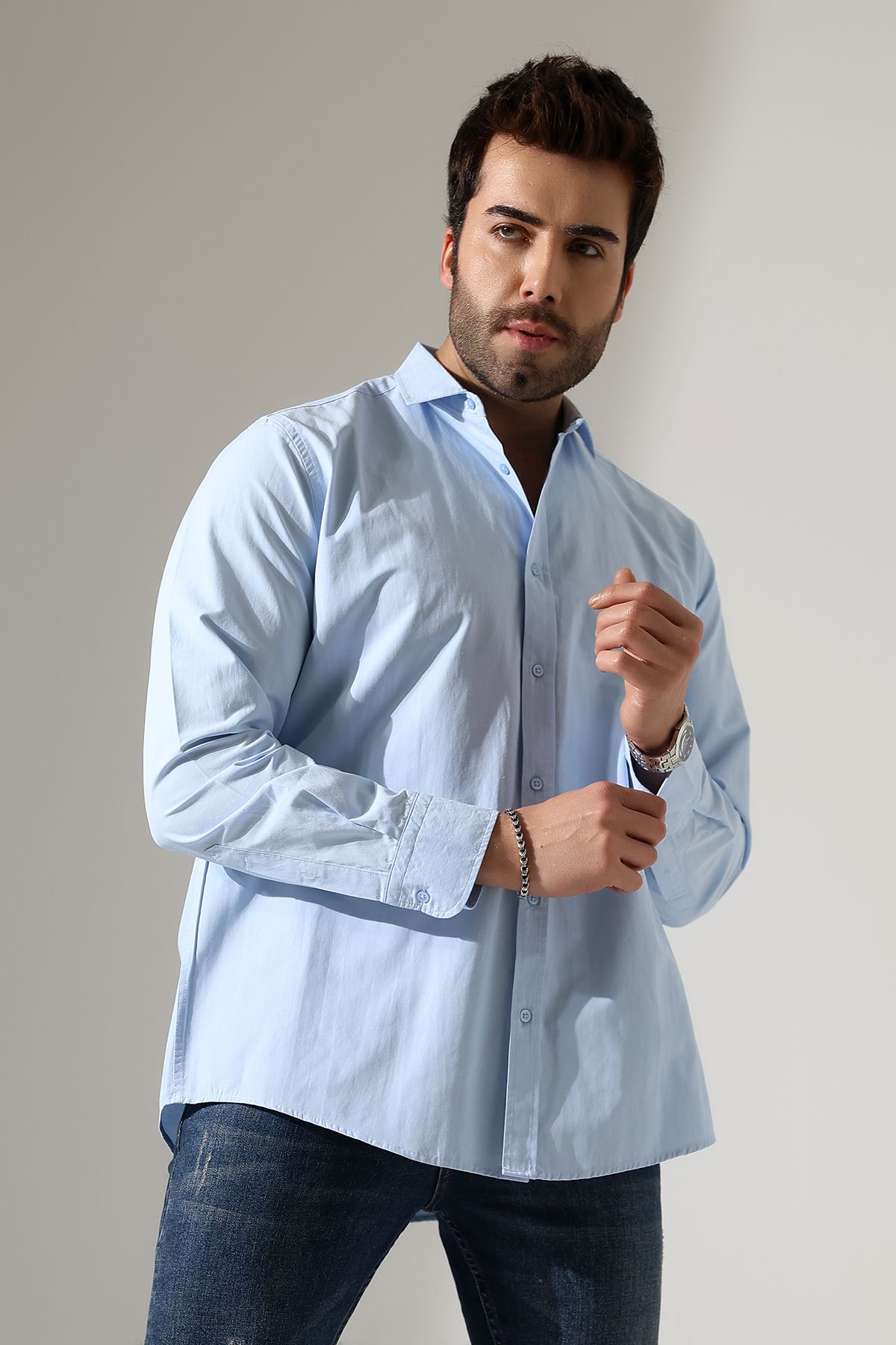 Oversize Kesim Poplin Kumaş Uzun Kol Dört Mevsim Cepsiz Bebe Mavisi Erkek Gömlek