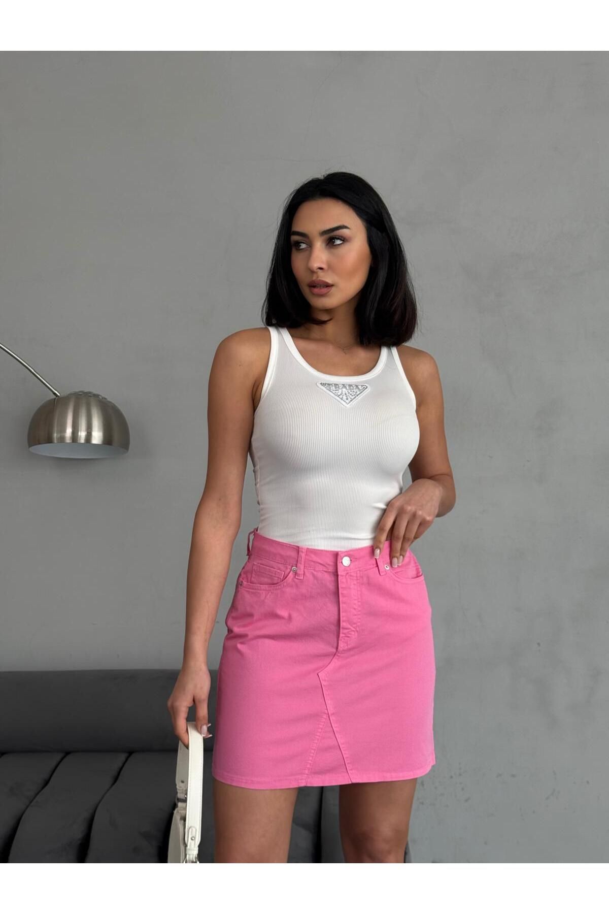 Zeo Basic-Mini Pink Skirt with Stitching Detail 5