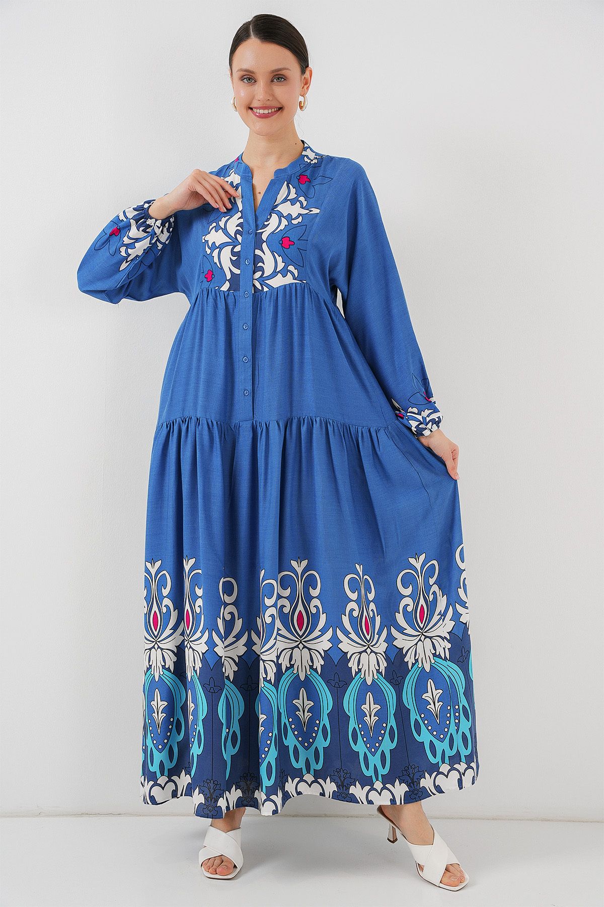 Bigdart-2423 Authentic Patterned Hijab Dress - F. Indigo 2