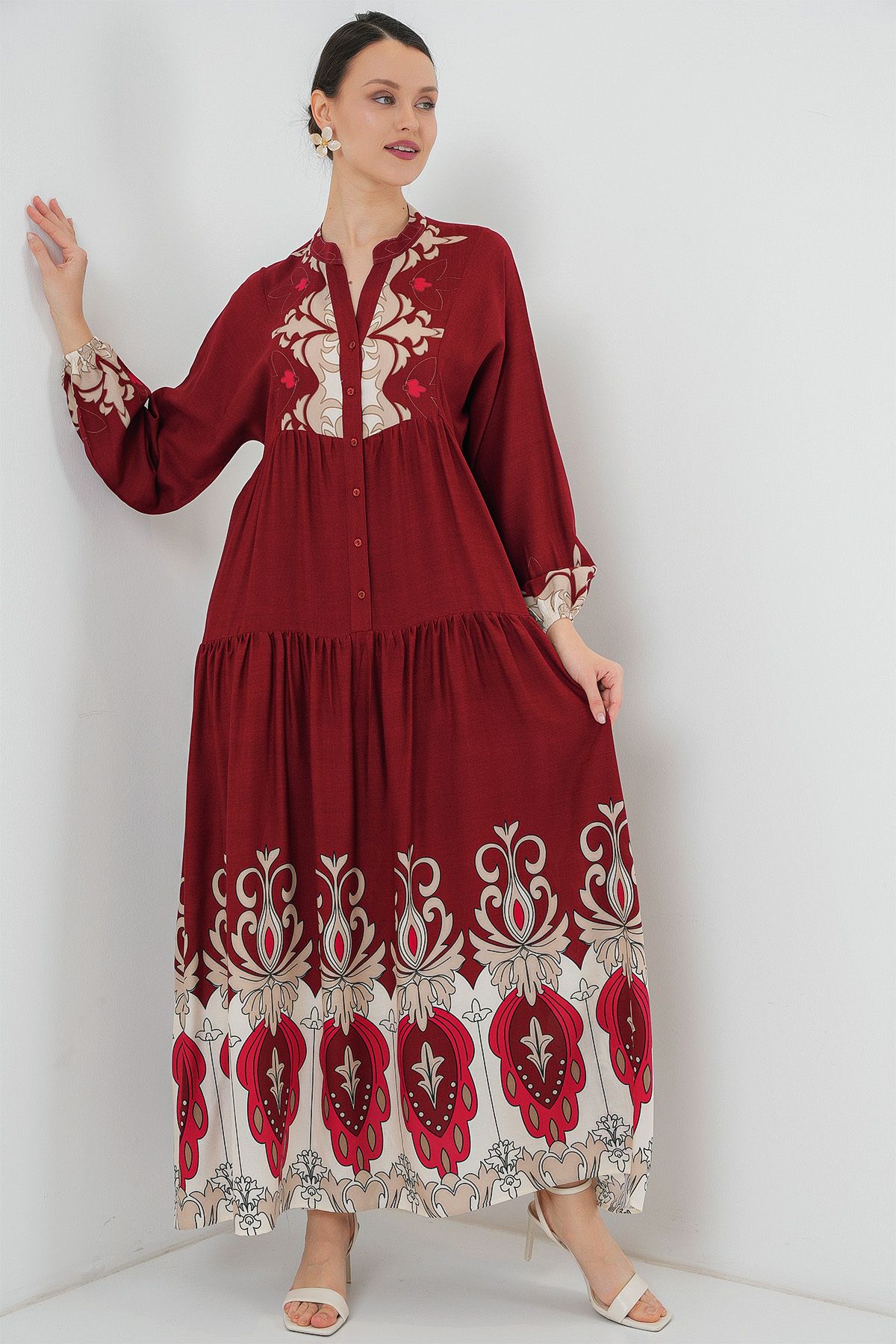 Bigdart-2423 Authentic Patterned Hijab Dress - C. Burgundy 3
