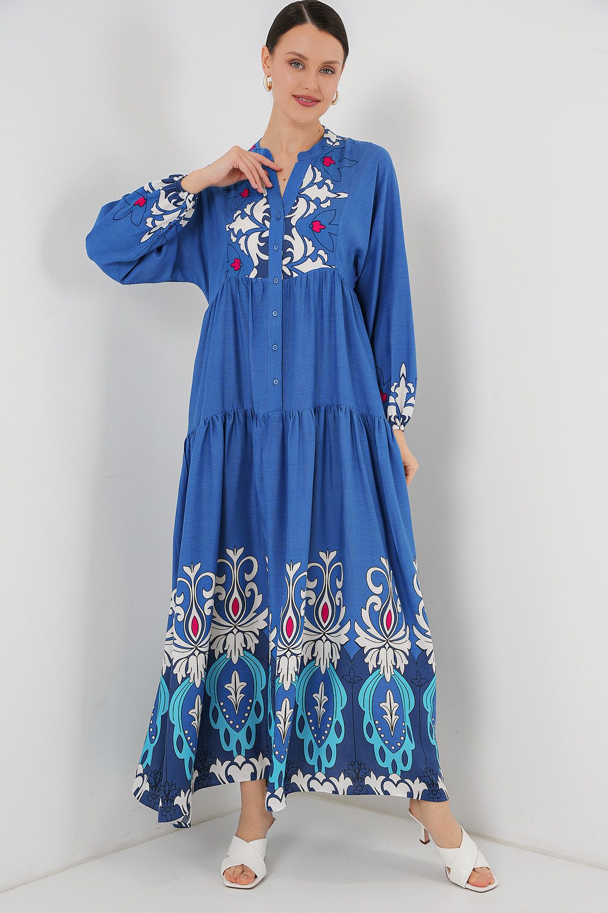Bigdart-2423 Authentic Patterned Hijab Dress - F. Indigo 3