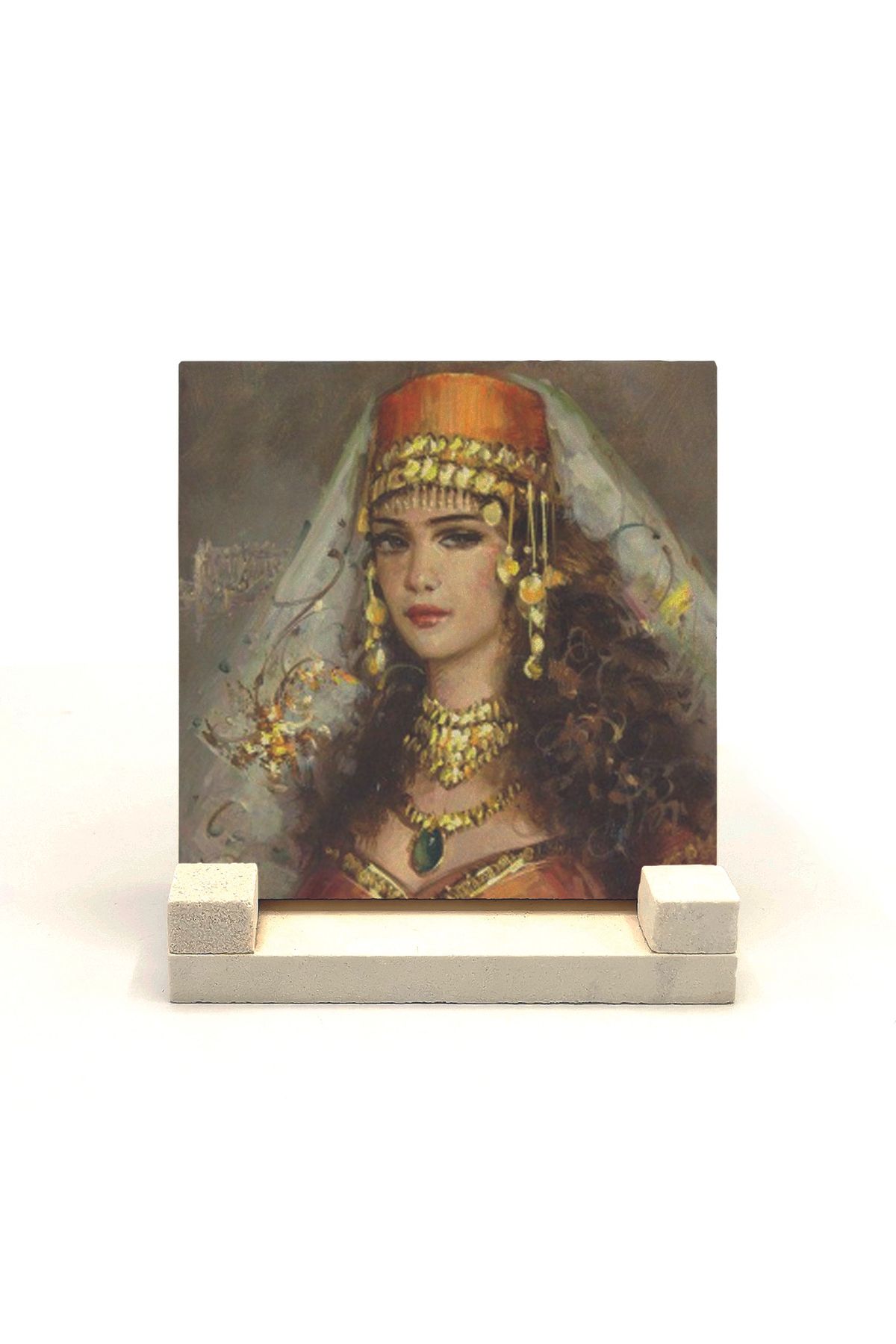 Souvenest Osmanlı Kadın Çizimi Baskılı Doğaltaş Masaüstlük (10x10 KRT-110)